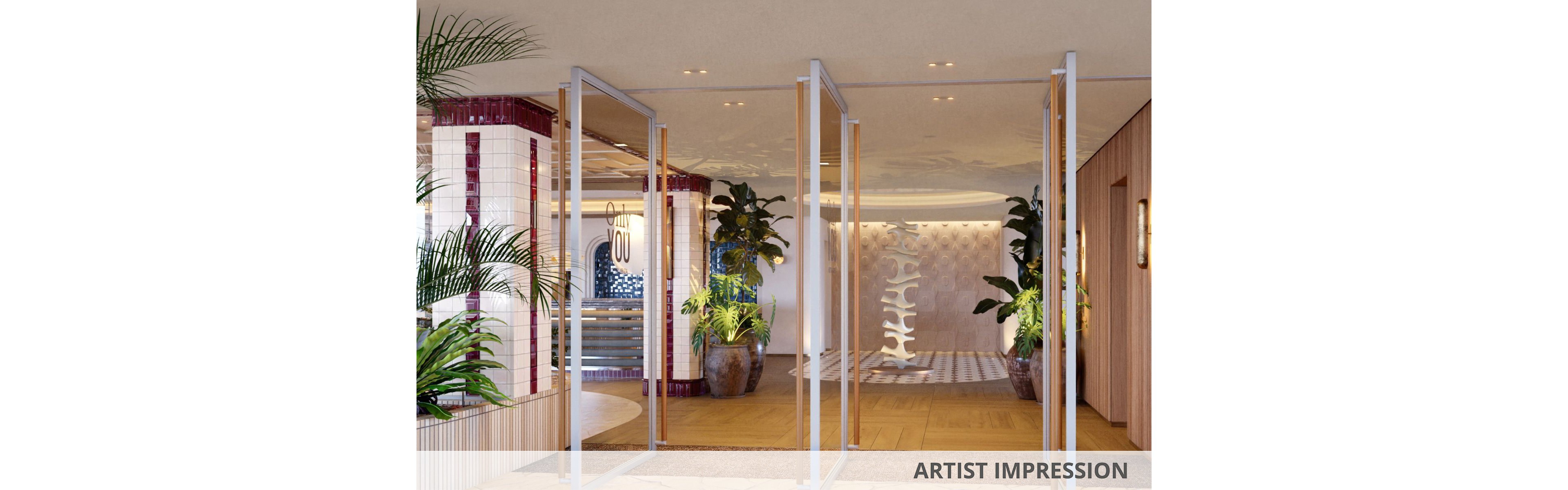 Artist impression of a contemporary lobby entrance featuring open framed doorways and a warm, neutral color palette. The space includes large potted plants, tiled columns, and a textured wall with sculptural elements. Soft lighting and wooden flooring create an inviting, upscale atmosphere. The words "ARTIST IMPRESSION" appear at the bottom of the image.