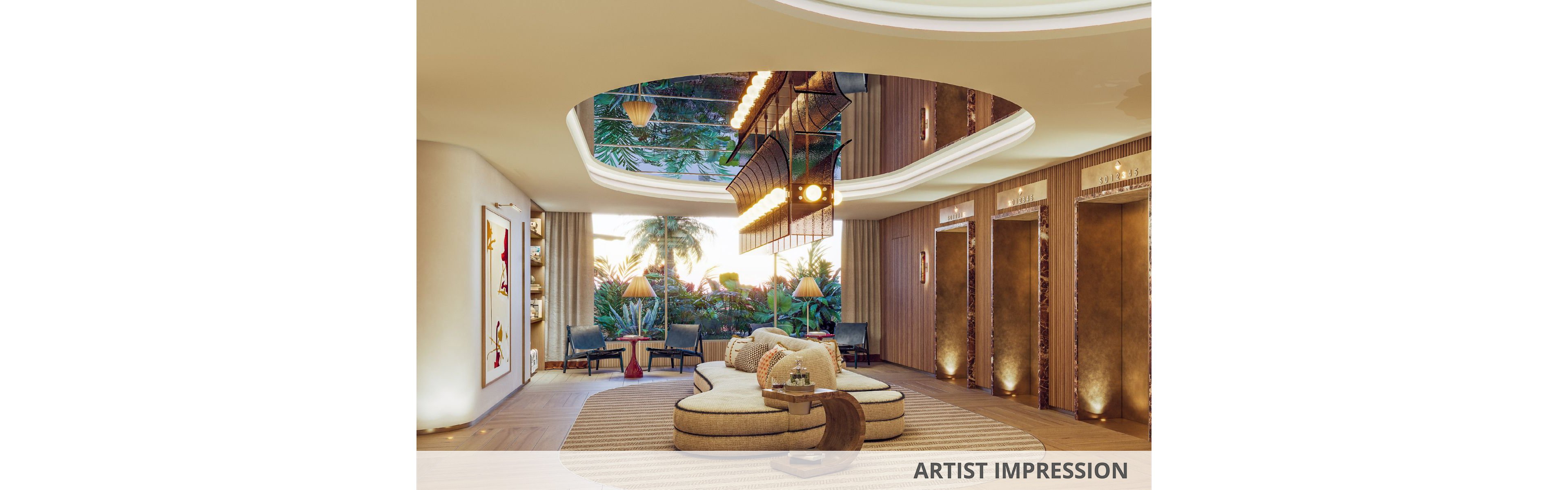 Artist impression of a luxurious lobby featuring a curved sofa and warm ambient lighting. Large windows reveal lush tropical greenery and palm trees outside. The ceiling has a reflective cut-out design with hanging lights, adding a contemporary touch. Text reading "ARTIST IMPRESSION" appears along the bottom edge of the image.