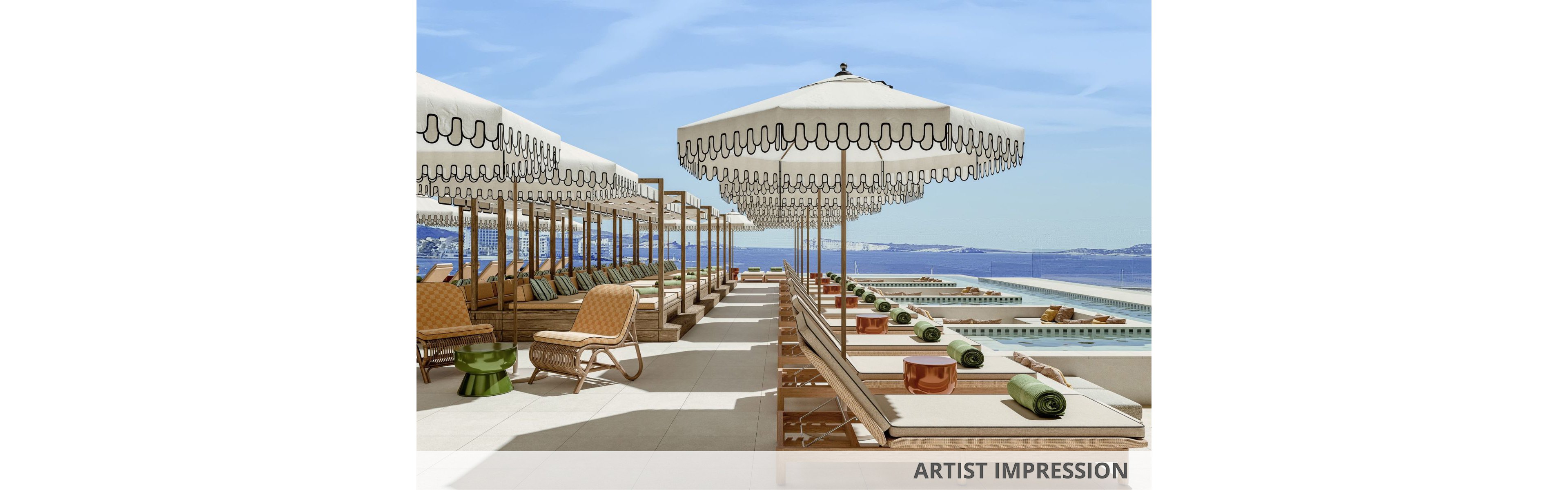 Rendered view of a stylish seaside pool deck with rows of sun loungers and scalloped-edge umbrellas. The setting overlooks a calm blue ocean and distant coastline, suggesting a resort or hotel environment. Cushions, rolled green towels, and small side tables add comfort and detail to the relaxation area. The words "ARTIST IMPRESSION" appear at the bottom, indicating a conceptual visualization rather than a photograph.
