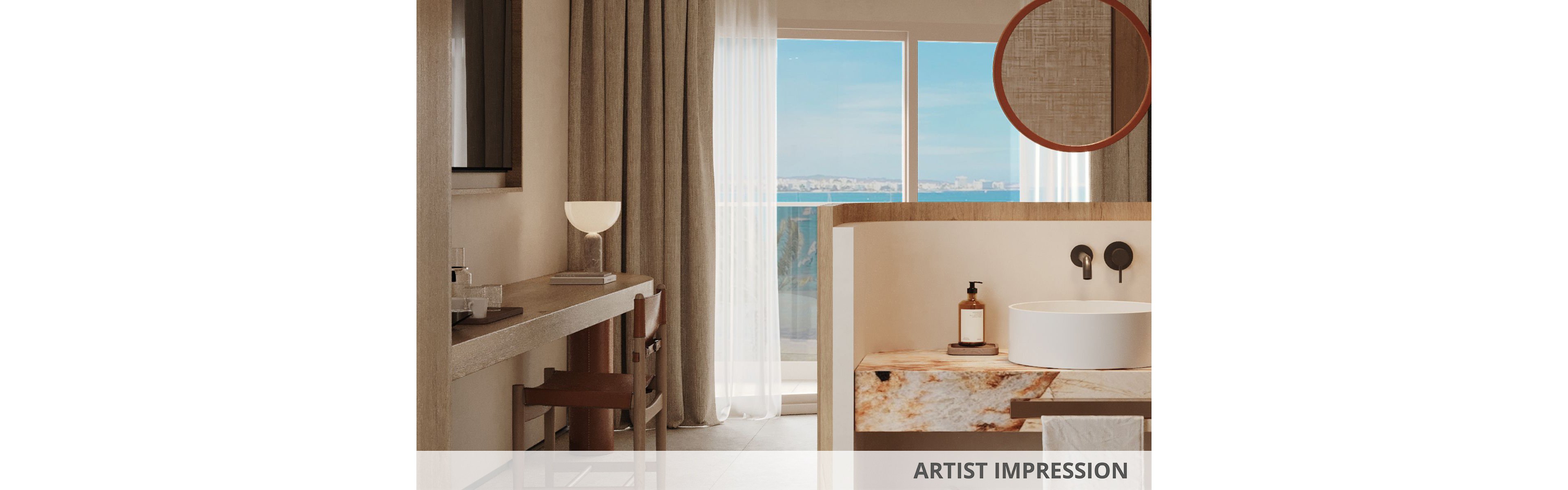 Artist impression of a contemporary hotel room with a partial view of the sea through large glass doors. The interior features a minimalist desk area, neutral curtains, and a freestanding vanity with a round mirror and countertop basin. Warm beige and stone textures create a calm, sophisticated atmosphere. The text "ARTIST IMPRESSION" appears along the bottom edge of the image.
