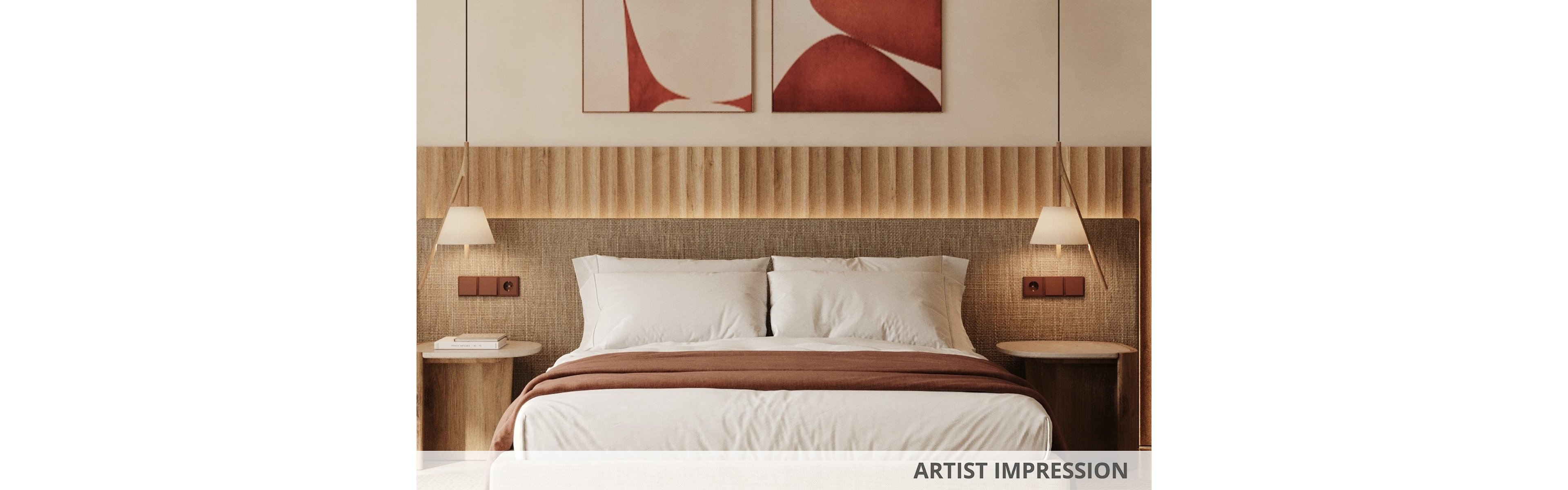 A contemporary bedroom features a neatly made double bed with white linens and a warm brown throw. The space is styled with a textured wood headboard, soft pendant lights, and minimal bedside tables. Abstract red and beige artwork hangs above the bed, complementing the neutral color palette. The text "ARTIST IMPRESSION" appears at the bottom, indicating a conceptual interior visualization.