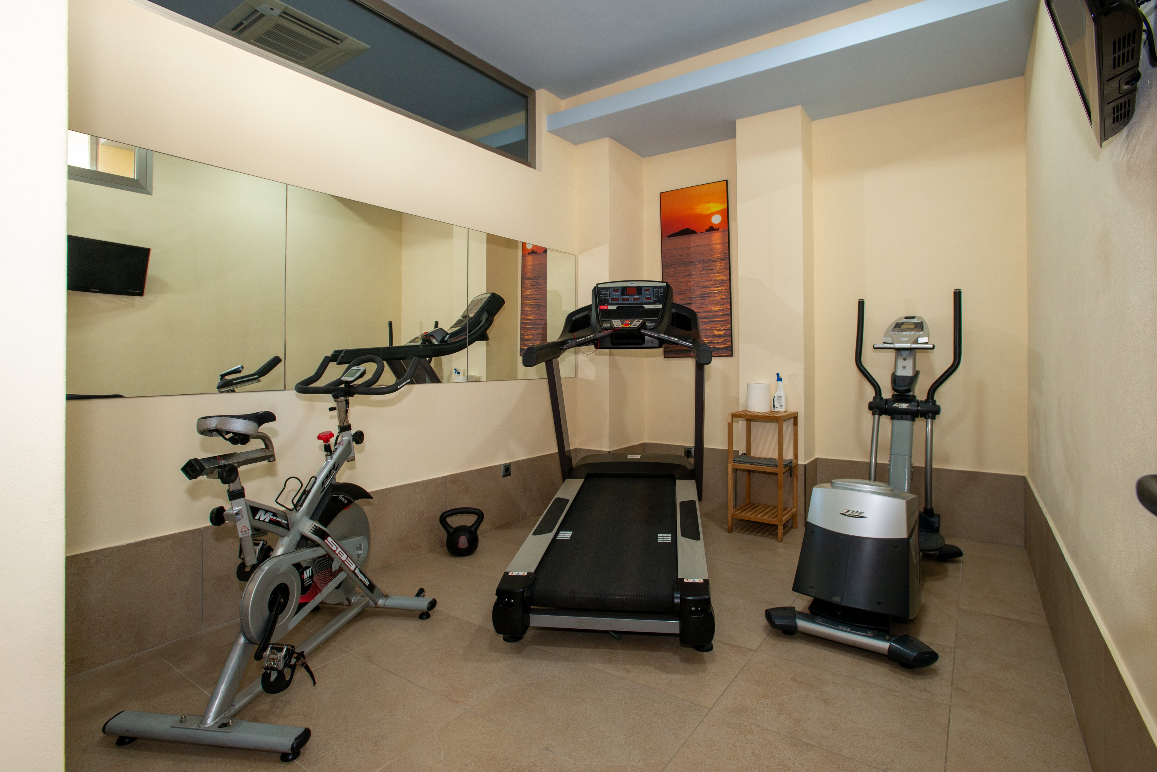 Compact fitness room featuring a treadmill, stationary bike, and elliptical trainer. The equipment is arranged along a mirrored wall that visually enlarges the space. A small wooden side table holds a water bottle and other items, adding a practical touch. Warm beige walls and a sunset picture create a calm, inviting workout environment.