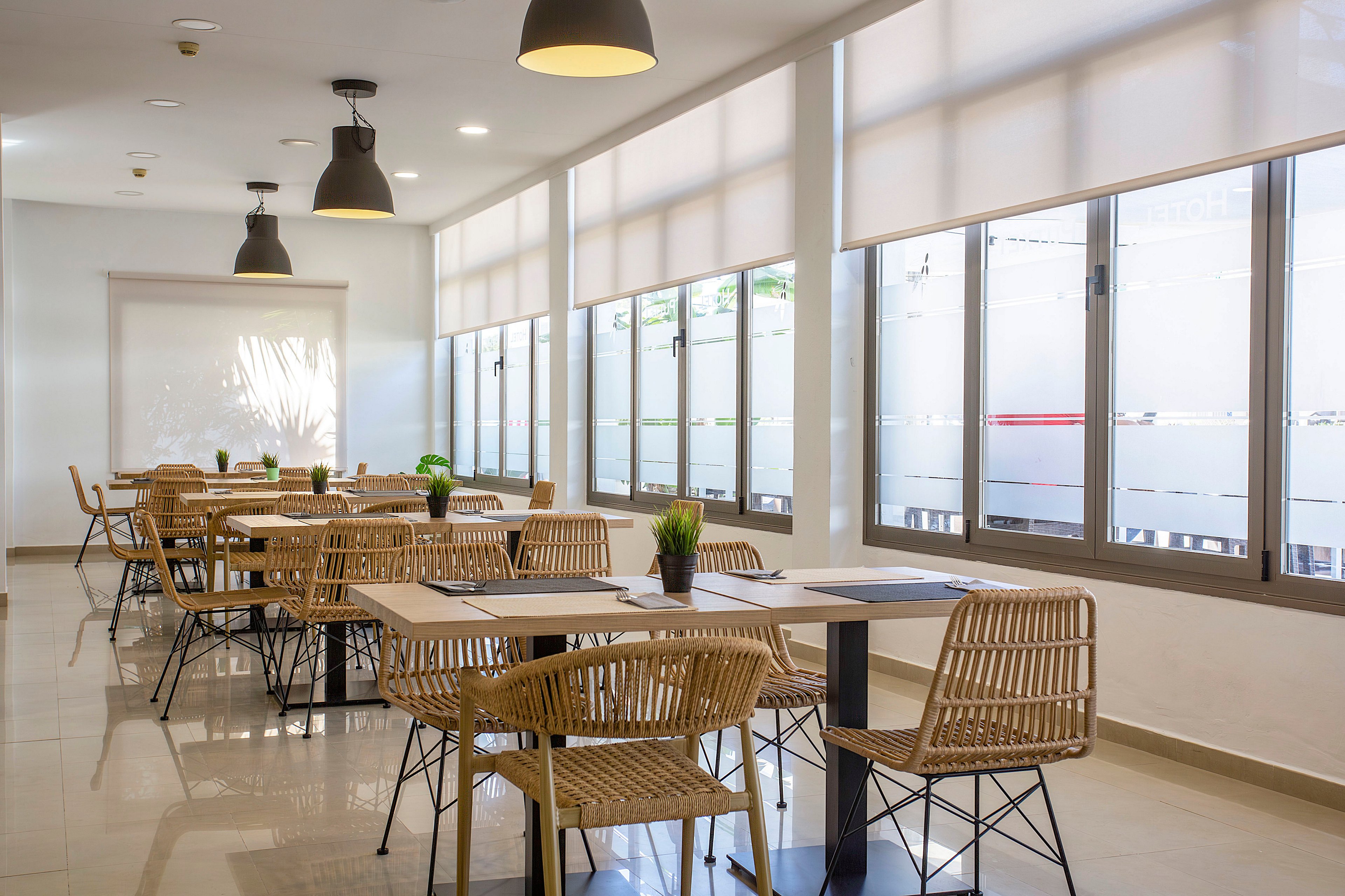 Bright modern cafeteria interior with multiple tables and wicker chairs neatly arranged. Large windows with roller blinds line one side, allowing natural light to fill the space. Minimalist decor includes small green plants on the tables and simple pendant lights overhead. The clean, neutral color palette creates a calm and welcoming atmosphere suitable for dining or casual meetings.