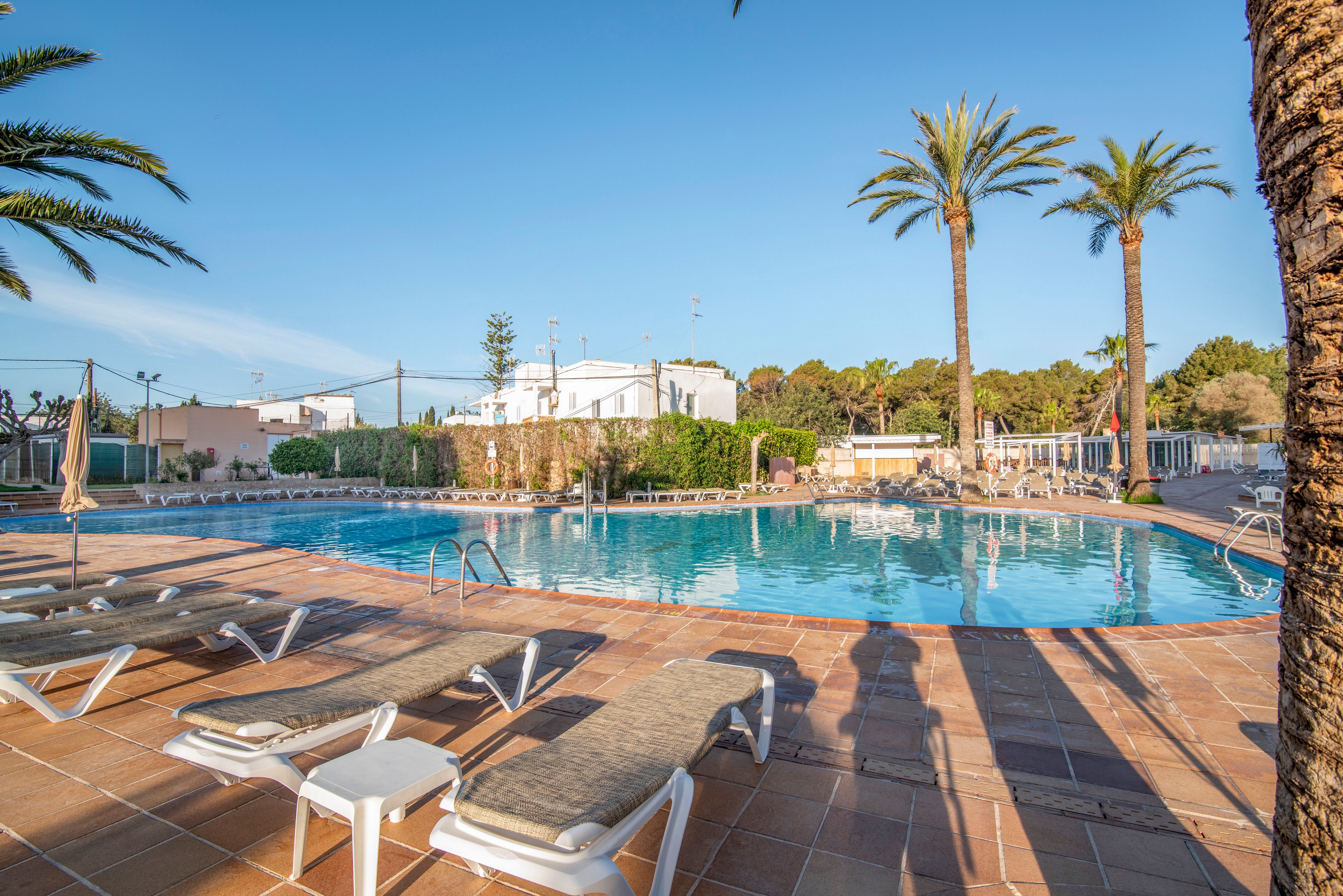 An outdoor resort swimming pool is surrounded by sun loungers and palm trees under a clear blue sky. The scene is calm and inviting, with reflections of buildings and greenery on the water’s surface. Shadows of people and trees stretch across the tiled pool deck, suggesting late afternoon sunlight. In the background, low white buildings and fencing frame the leisure area, creating a relaxed holiday atmosphere.