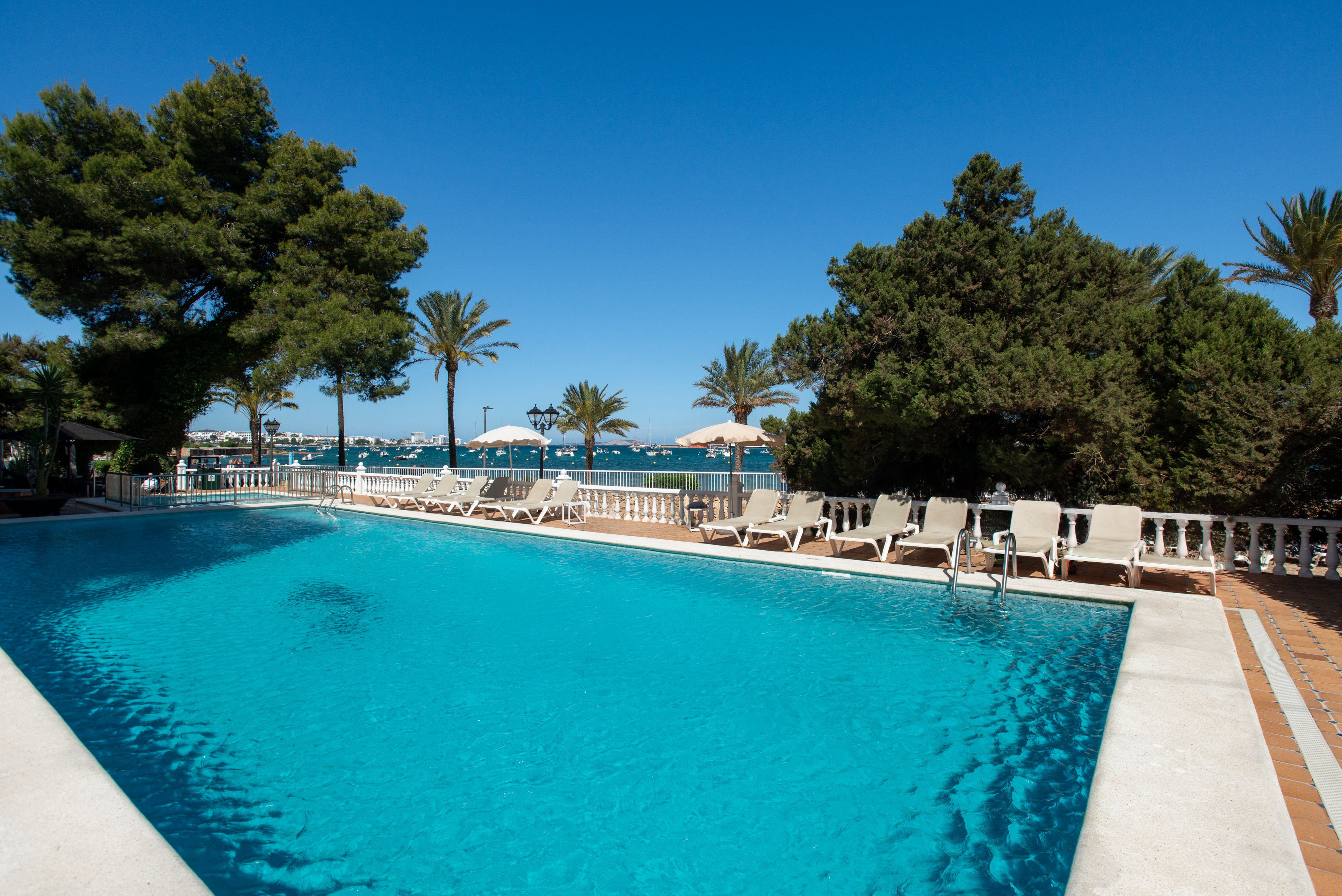 A large outdoor swimming pool glistens under a clear blue sky at a coastal resort. Sun loungers line the poolside terrace, facing the water and shaded by umbrellas. Tall pine and palm trees frame the scene, with a marina and boats visible in the background. The overall atmosphere is calm, bright, and inviting, suggesting a relaxing vacation destination.