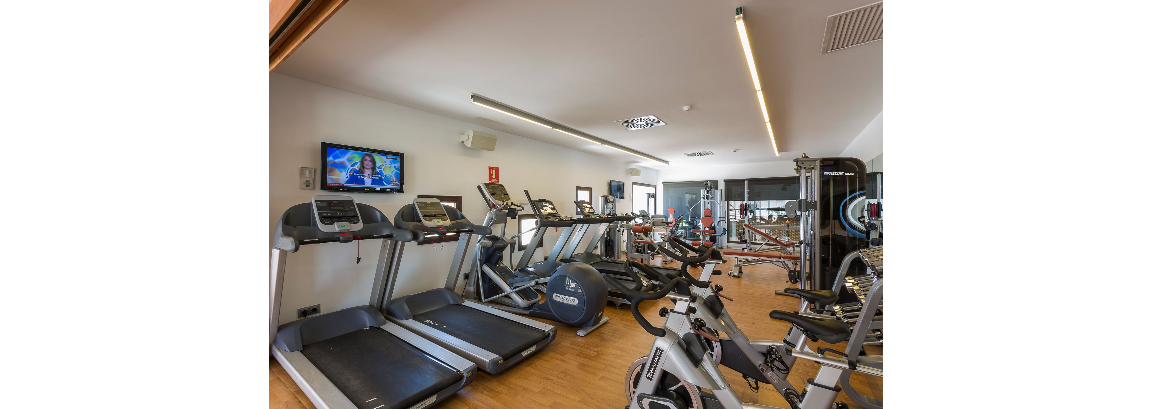 A compact fitness room features several treadmills and exercise machines arranged on a wooden floor. A wall-mounted television displays a news program, adding entertainment for people working out. Large windows at the back let in natural light and reveal a view of the outdoor area. The space is clean, bright, and designed for casual hotel or apartment guests to exercise comfortably.