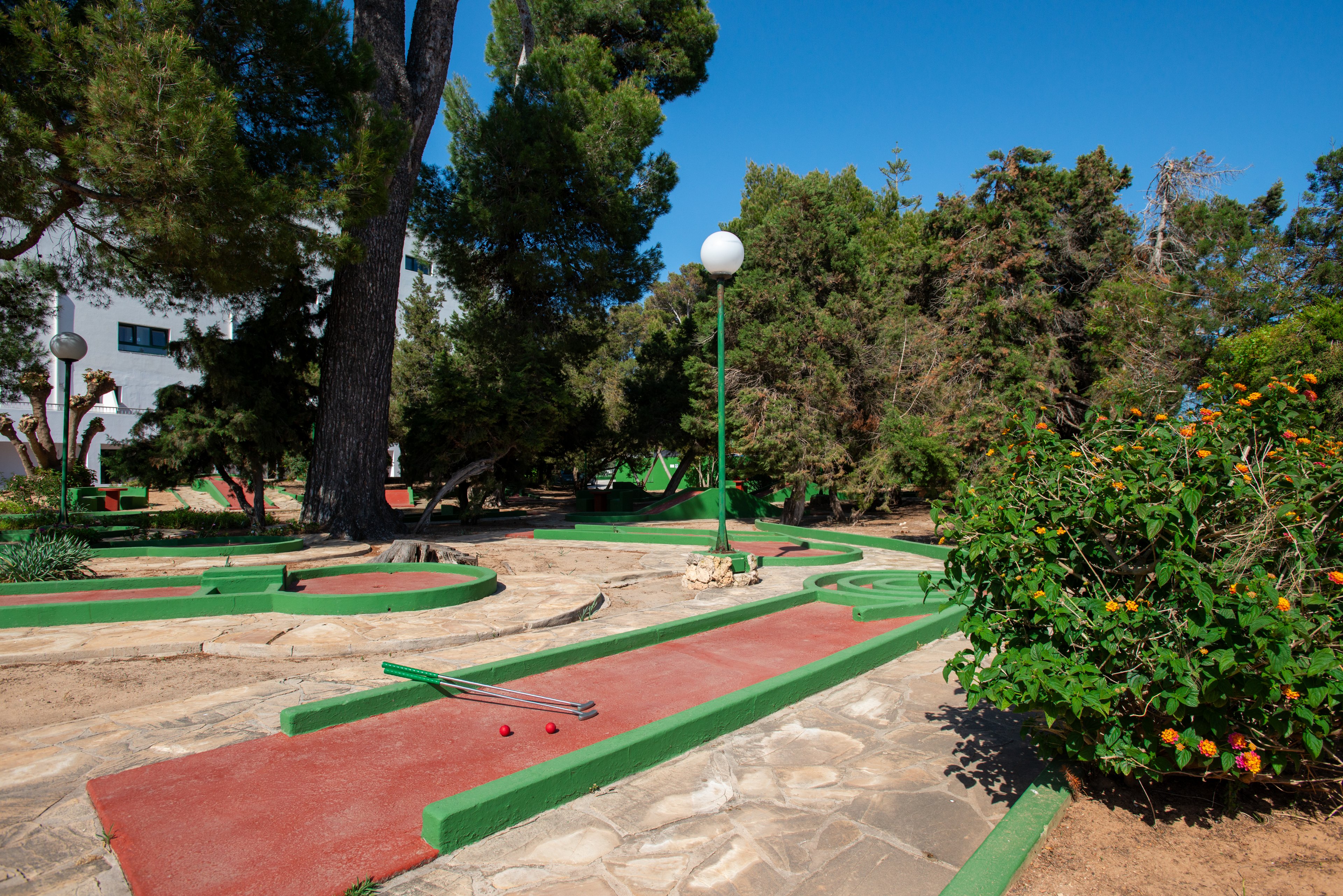 An outdoor mini golf course is shown under a clear blue sky. The winding red and green putting lanes are surrounded by stone paths and tall trees. A few golf clubs and red golf balls lie on one of the lanes, suggesting recent play. A white globe lamp post and flowering bushes add visual interest to the relaxed recreational setting.
