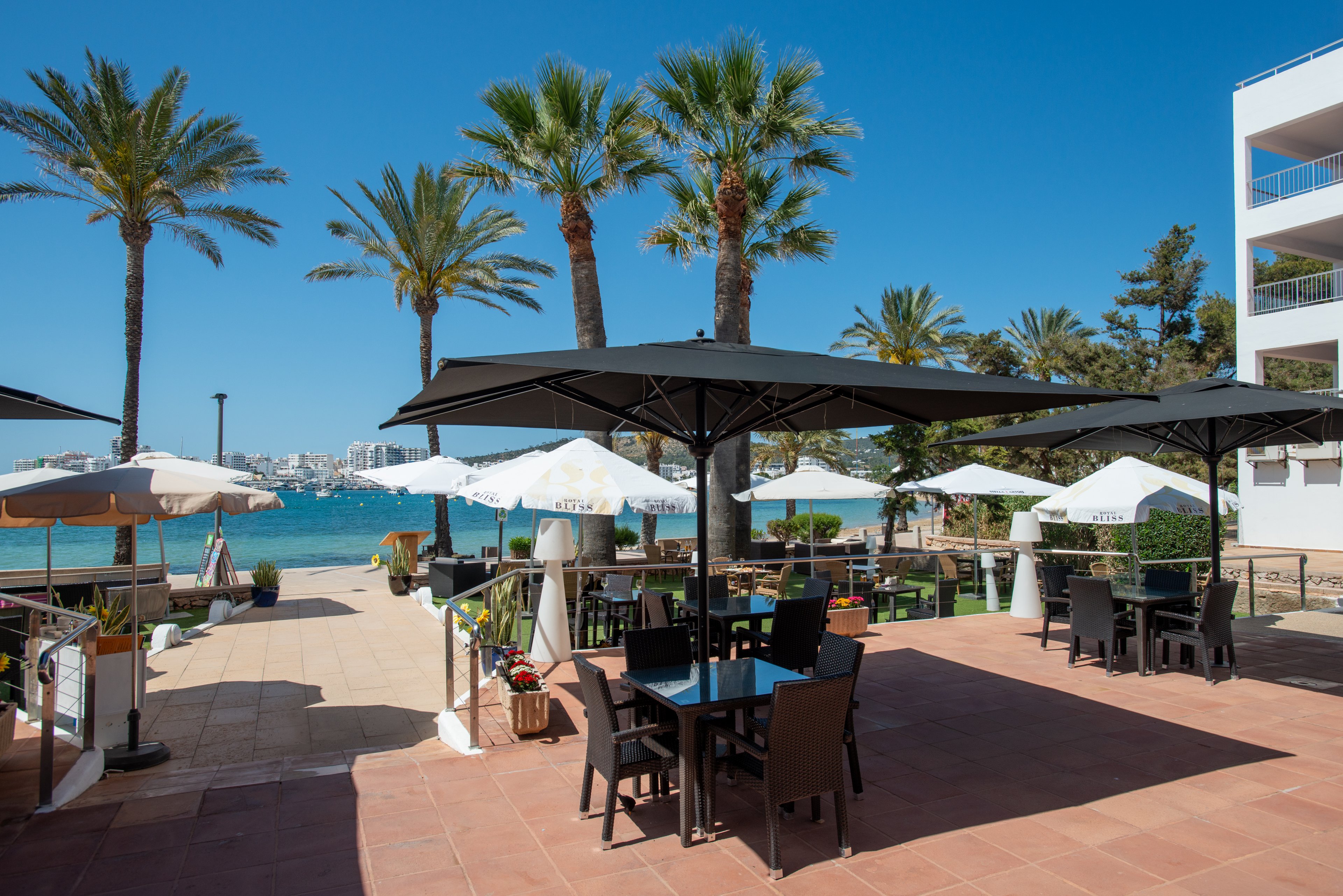 An outdoor cafe terrace overlooks a bright blue seaside bay on a clear sunny day. Tables and chairs are arranged under large black and white umbrellas, creating shaded seating areas. Tall palm trees line the walkway leading toward the water, with buildings visible along the distant shoreline. The scene suggests a relaxed holiday atmosphere at a coastal resort.