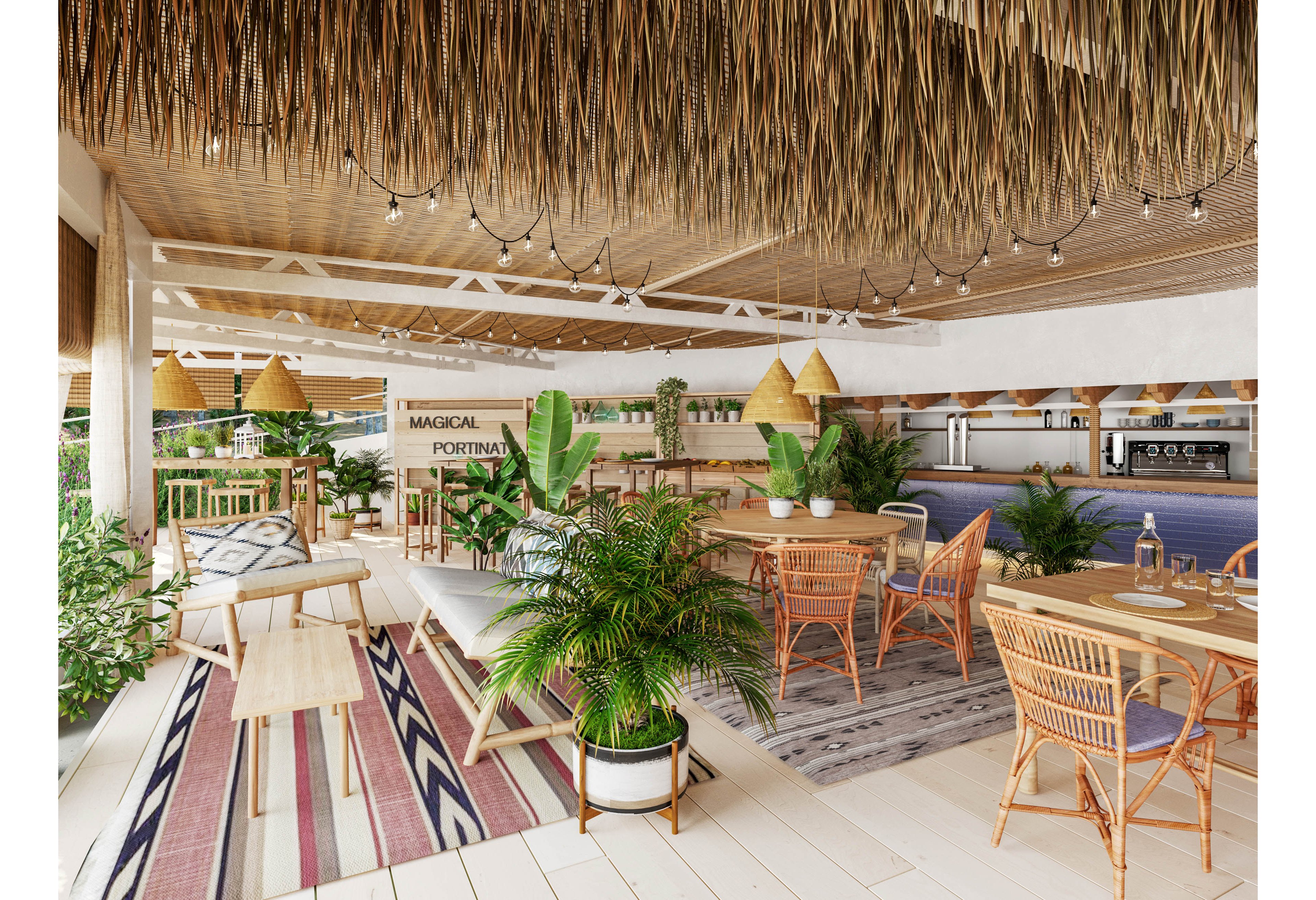A bright, open-air restaurant features wicker chairs, wooden tables, and patterned rugs under a thatched ceiling. Lush green potted plants are arranged throughout the space, creating a tropical, relaxed atmosphere. Warm neutral tones, woven light fixtures, and natural textures dominate the interior design. A sign in the background reads “MAGICAL PORTINAT,” adding a whimsical touch to the setting.