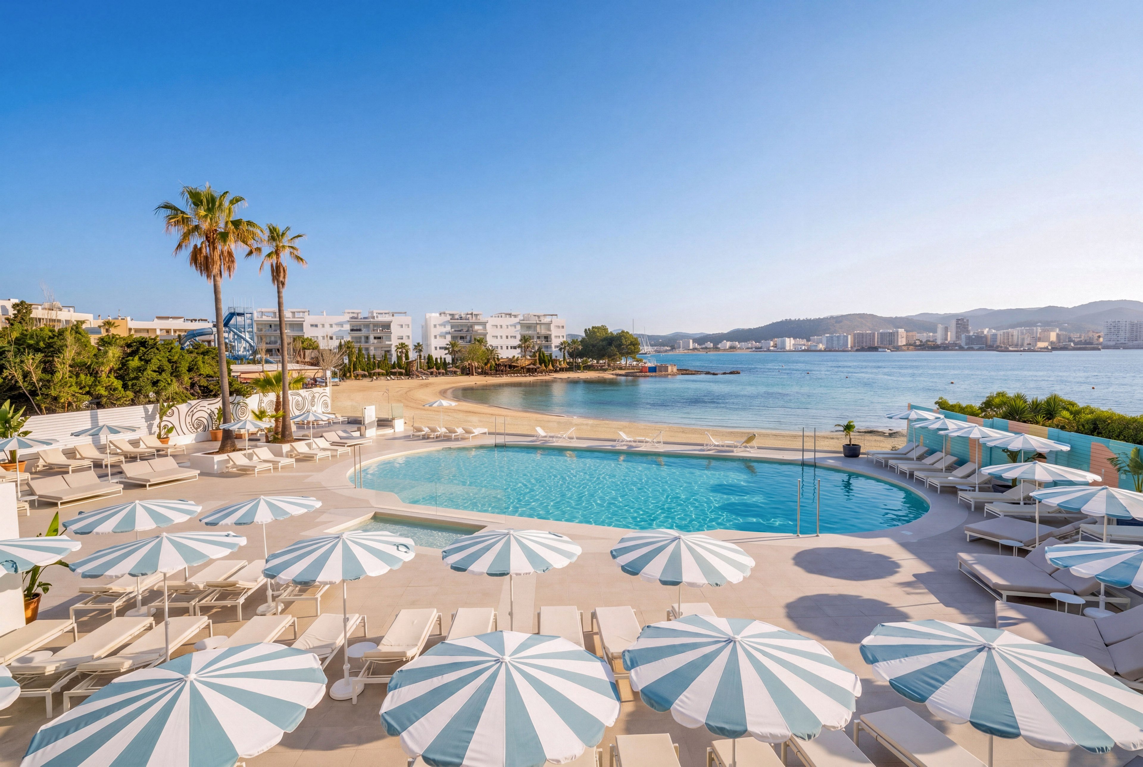 A tranquil resort pool area overlooks a calm coastal bay under a clear blue sky. Striped umbrellas and sun loungers surround the circular swimming pool, creating a neat and inviting pattern. In the background, low-rise white buildings line the shoreline along the water. The scene suggests a relaxed vacation atmosphere with bright daylight and soft pastel tones.