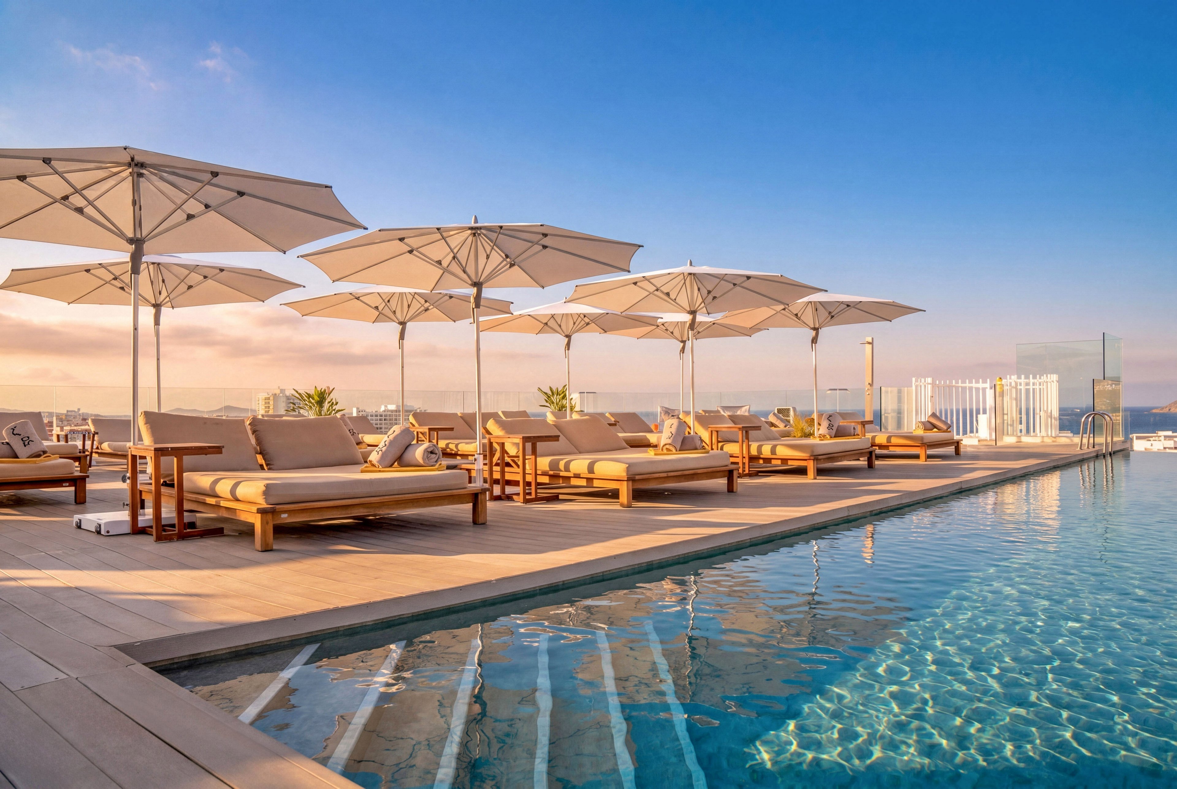 A modern rooftop infinity pool is lined with cushioned wooden sun loungers under large white umbrellas. The scene overlooks a coastal cityscape with buildings in the distance and a calm sea horizon. Clear blue water reflects the sky, creating a serene and inviting atmosphere. Warm sunset light enhances the relaxed, resort-like mood of the outdoor terrace.