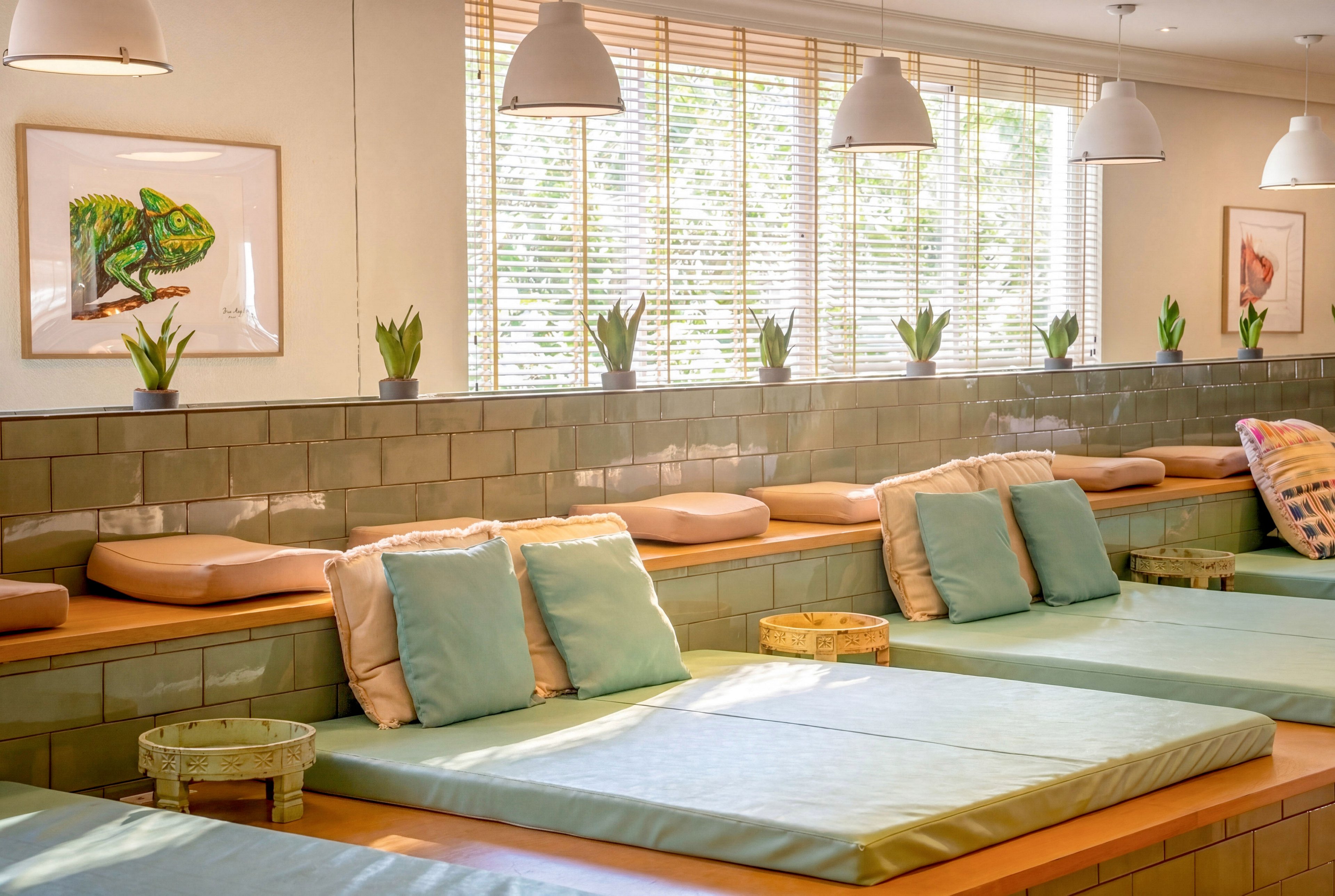 A cozy indoor lounge features several cushioned daybeds lined up along a tiled wall. Soft pastel pillows and seat pads create a comfortable seating area beneath large windows with wooden blinds. Small round side tables and potted plants add decorative touches to the space. Framed animal artwork and hanging pendant lights contribute to the relaxed, contemporary atmosphere.