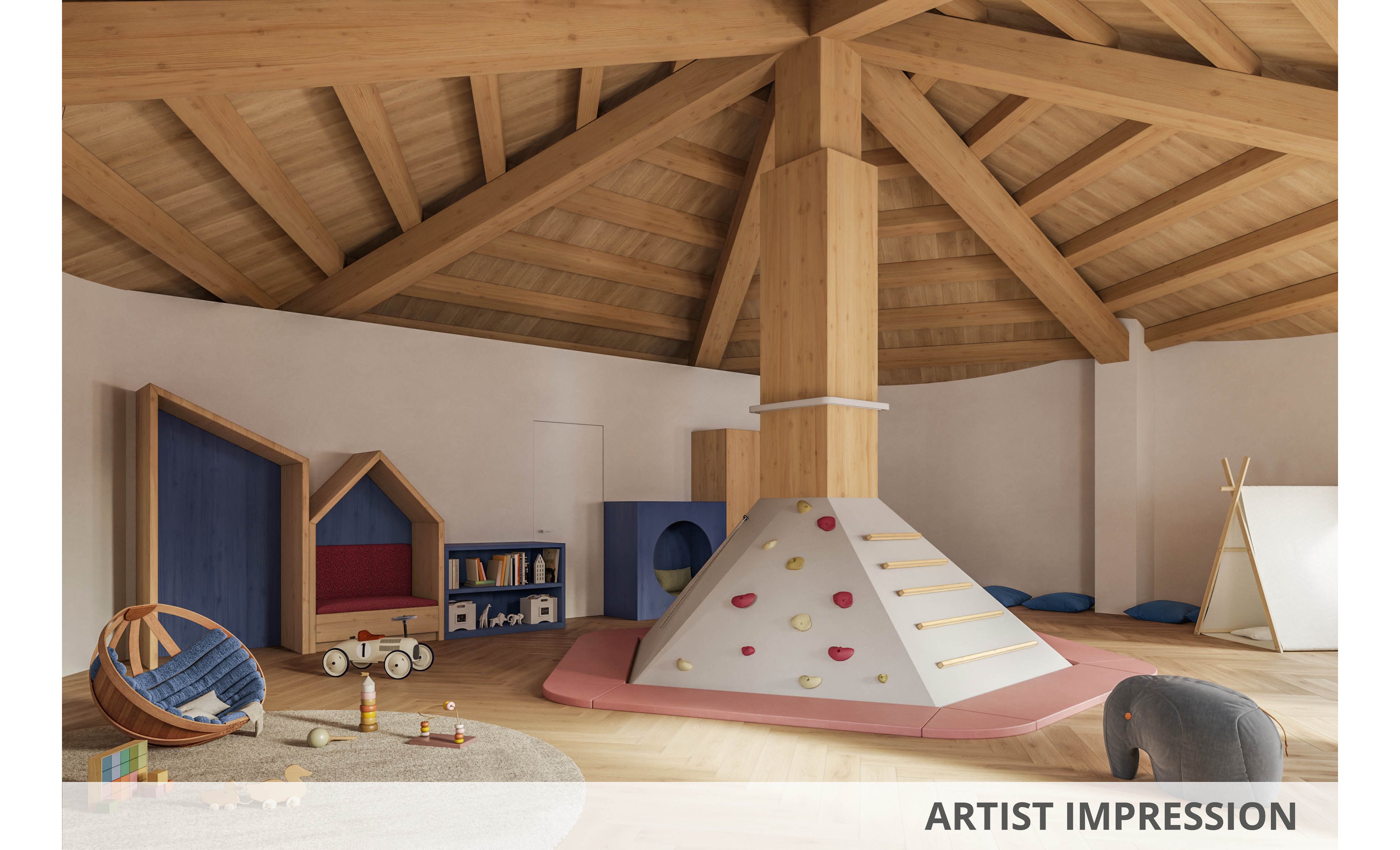 Spacious children’s playroom features a central wooden climbing pyramid with colorful holds and steps. The room is set under a high timber ceiling with warm natural light and light wood flooring. Around the space are soft cushions, a teepee tent, toy shelves, and scattered wooden toys on a round rug. The overall atmosphere is calm, cozy, and designed for safe indoor play and exploration.