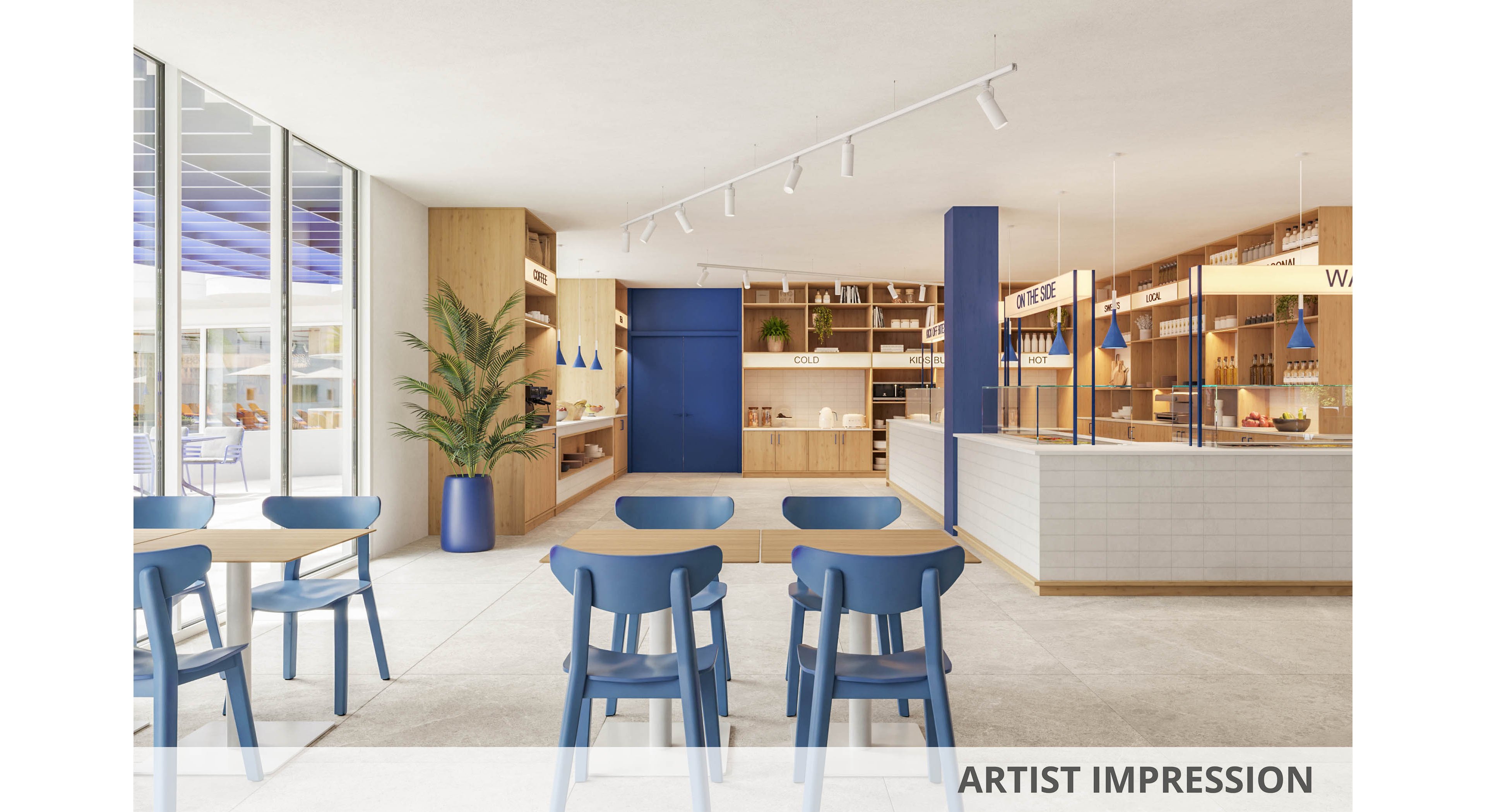 Contemporary cafe interior featuring blue chairs and light wood tables in the foreground. The space includes a bright service counter with white tiles and open shelving displaying products. Large windows on the left bring in natural light and reveal an outdoor seating area. Blue pendant lights, a tall indoor plant, and clean architectural lines create a fresh, minimalist atmosphere.