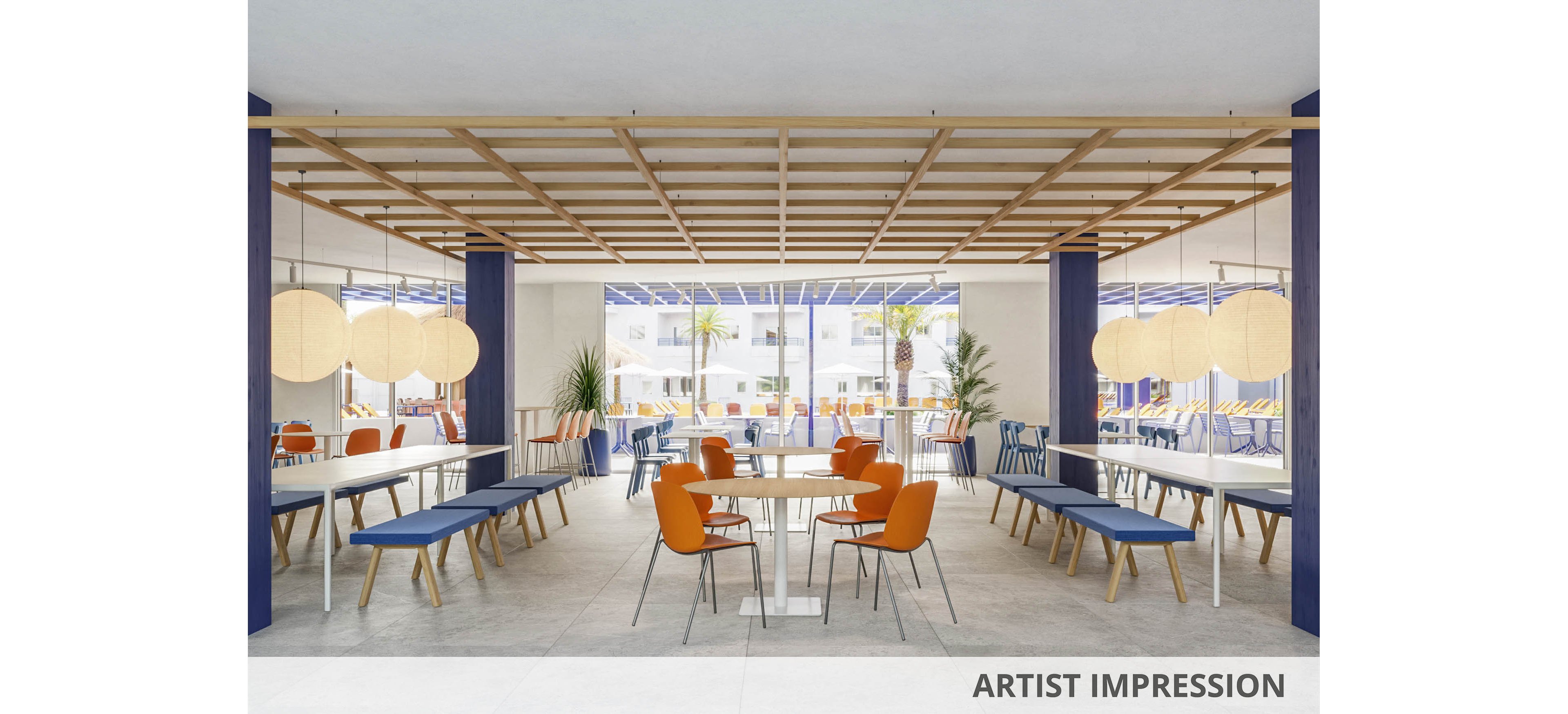 Contemporary cafeteria interior featuring long communal tables and a round central table with orange chairs. Bold blue columns and benches contrast with light wood elements and neutral floor tiles. Large round pendant lights hang from a wooden grid ceiling, creating a warm and inviting atmosphere. Floor-to-ceiling windows at the back reveal an outdoor area with palm trees and abundant natural light.