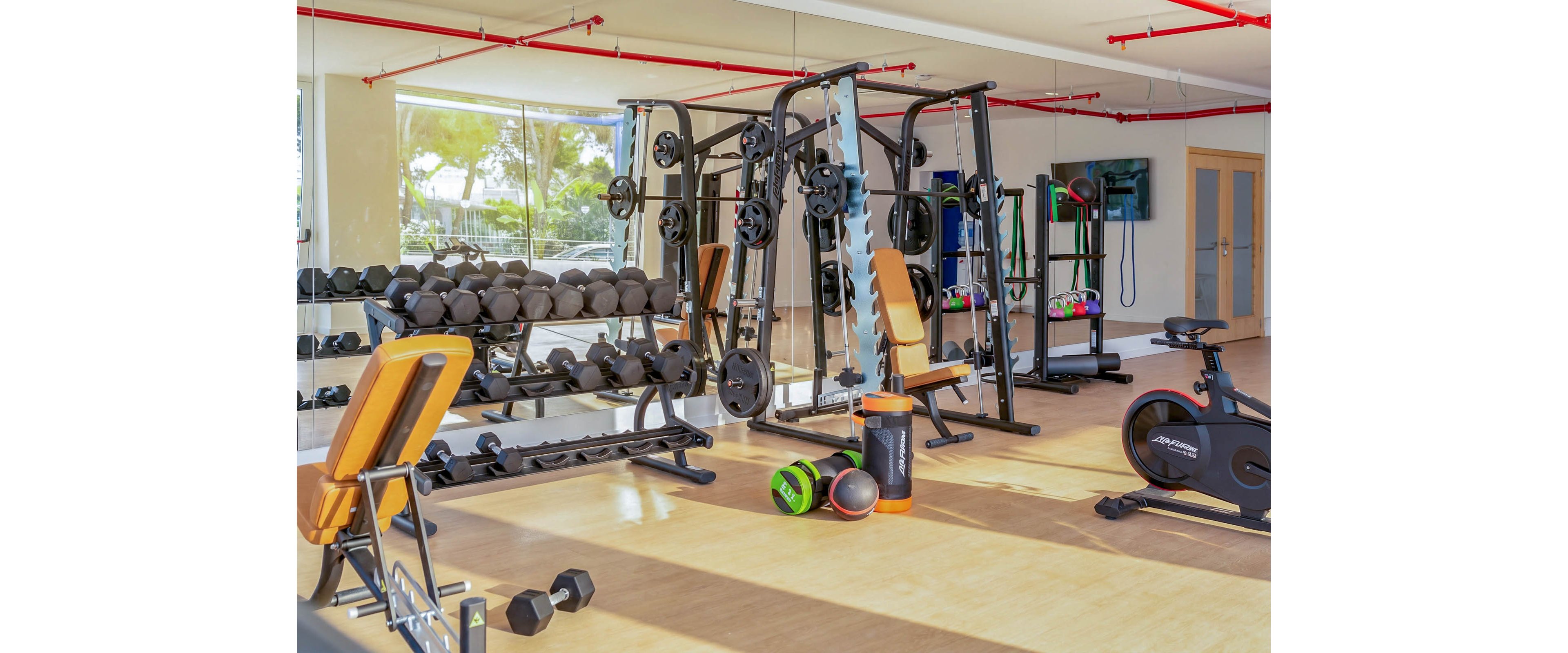 A well-equipped fitness room features free weights, strength machines, and cardio equipment. Dumbbells are neatly arranged on racks beside a multi-station weight machine and adjustable bench. In the foreground, exercise balls and a foam roller sit on the floor, while a stationary bike faces a wall-mounted television. Large mirrors and windows fill the space with light, highlighting the clean, contemporary gym environment.