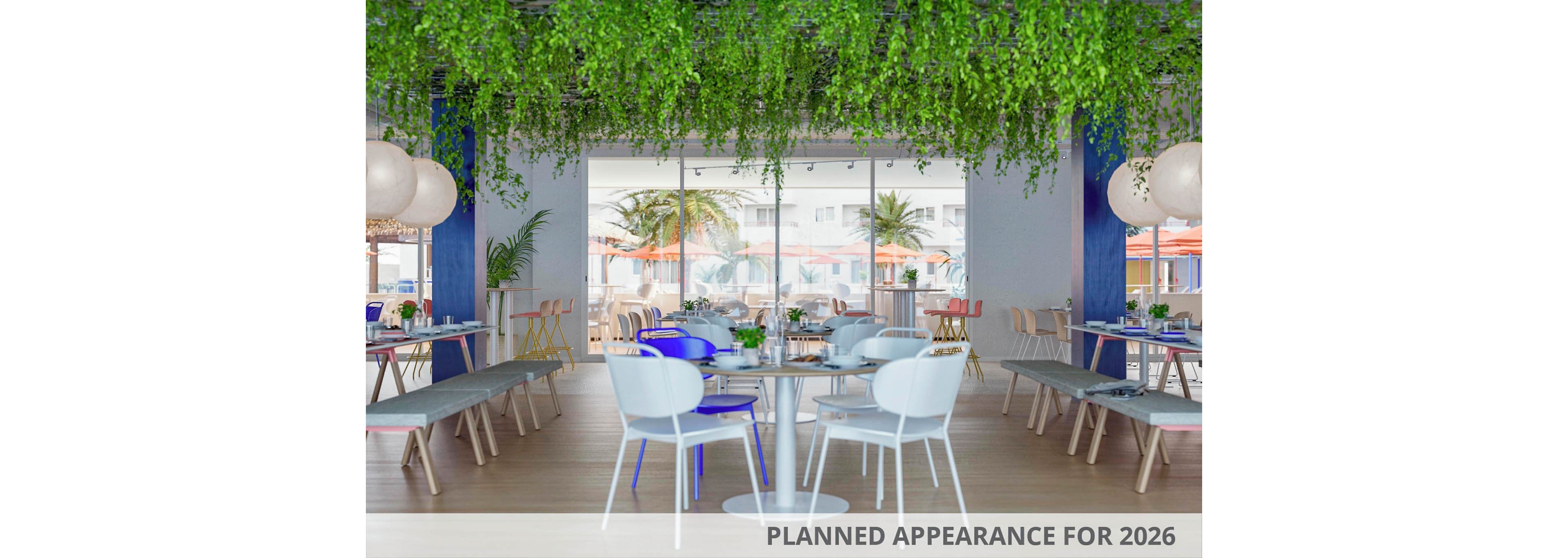 A contemporary cafe interior featuring hanging greenery and modern furniture. The space includes white chairs, wooden tables, and a vibrant outdoor view with palm trees and orange umbrellas. Visible text reads 'PLANNED APPEARANCE FOR 2026,' indicating a future design concept.