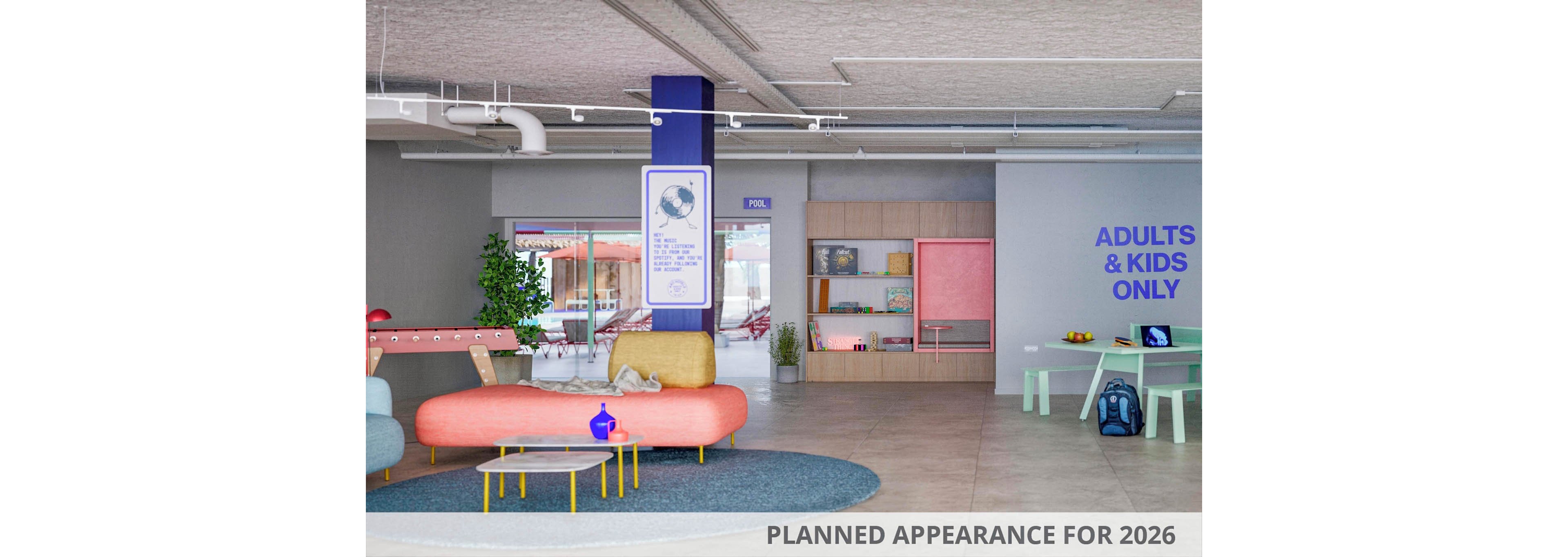 A spacious recreational lounge featuring colorful furniture, a foosball table, and a cozy seating area. The setting includes a sign reading 'ADULTS & KIDS ONLY' and a notice stating 'PLANNED APPEARANCE FOR 2026.' The room is well-lit with natural light and has a modern, family-friendly design.