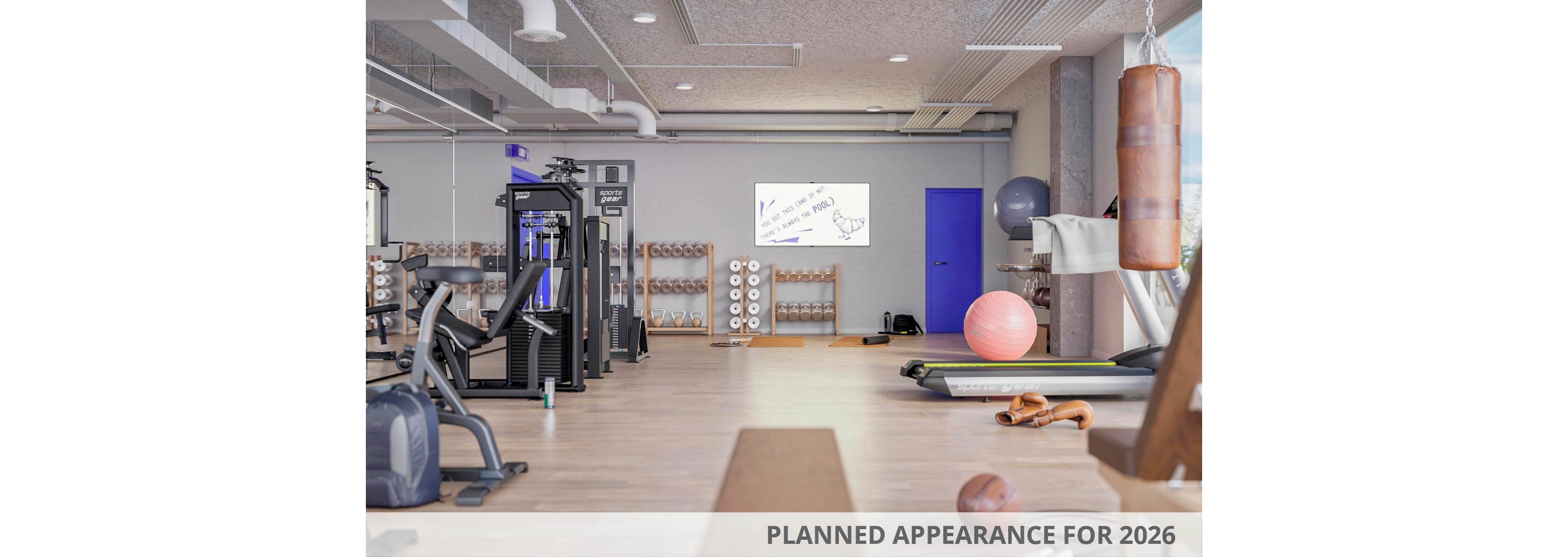 A spacious and modern gym interior featuring various fitness equipment, including treadmills, punching bags, and exercise balls. The setting is well-lit with a clean and organized layout, showcasing a bright blue door and a digital display. The text 'PLANNED APPEARANCE FOR 2026' is visible at the bottom of the image, indicating a future design concept.