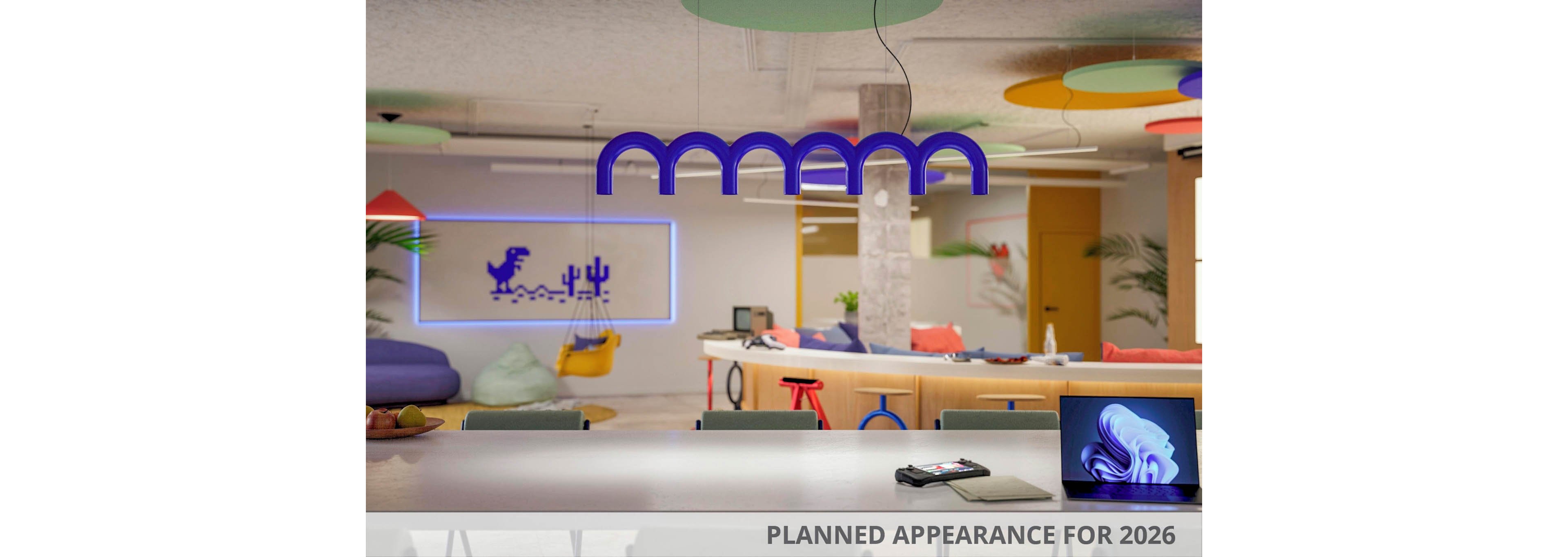A contemporary office setting featuring colorful and playful decor elements. The space includes vibrant furniture, a neon wall art of a dinosaur and cactus, and a sleek desk setup with a tablet displaying abstract visuals. Text 'Planned Appearance for 2026' is visible at the bottom of the image.
