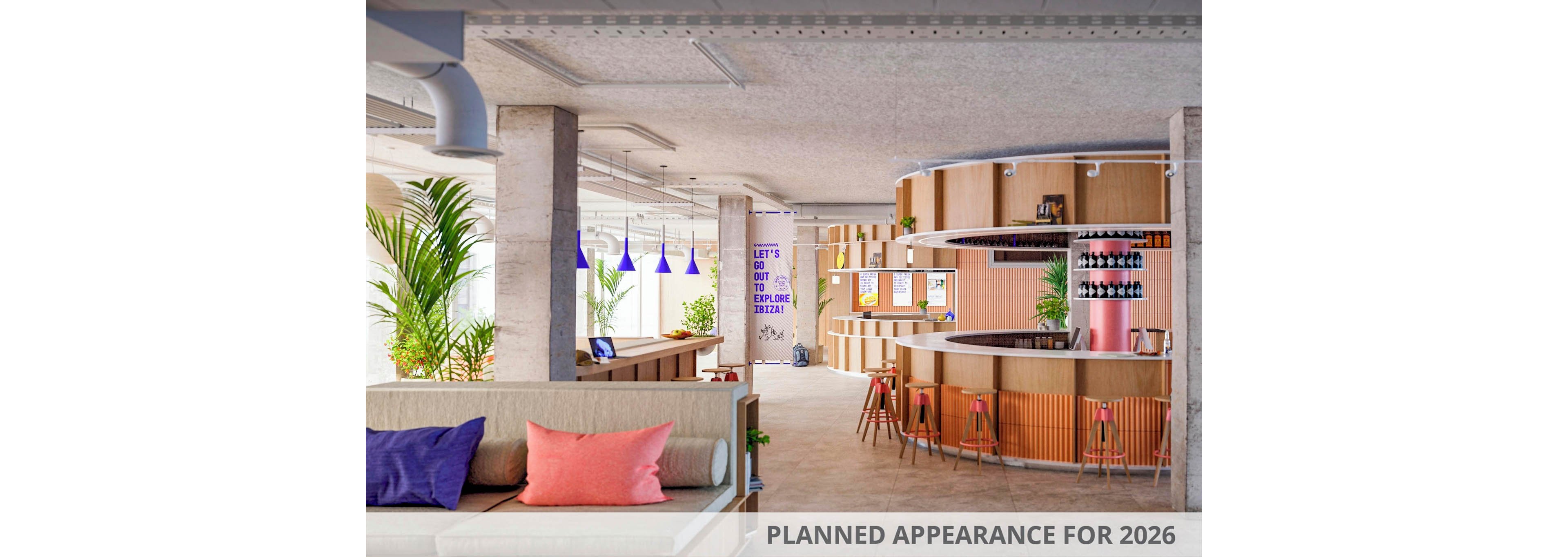 A contemporary lounge space featuring a circular wooden bar with red stools and a cozy seating area with colorful cushions. The setting includes vibrant lighting, indoor plants, and a visible sign reading 'LET'S GO OUT TO EXPLORE IDEAS!'. The image also mentions 'PLANNED APPEARANCE FOR 2026', indicating a future design concept.