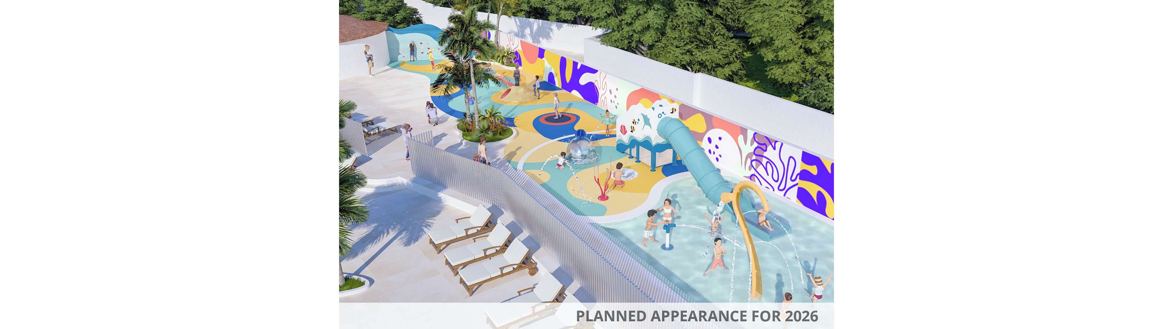 A vibrant rendering of a planned water play area set for 2026. The design features a colorful playground with slides, water fountains, and interactive elements. Children and families are depicted enjoying the space, surrounded by tropical greenery and lounge chairs. The mural on the wall adds a playful and artistic touch to the setting.