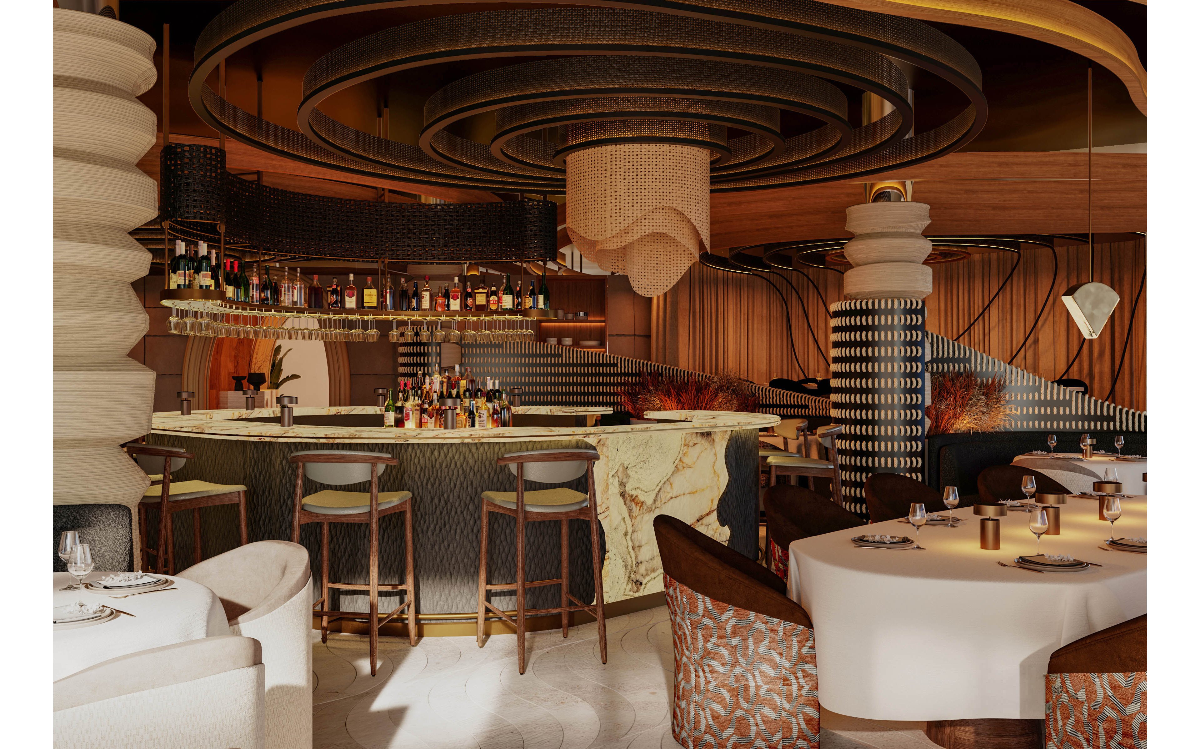Upscale restaurant bar with sculptural ceiling elements and a marble-fronted counter is shown in warm ambient lighting. Curved banquettes and upholstered dining chairs surround neatly set tables with glassware and plates. The back bar displays an array of bottles and glass shelves, framed by textured wall panels and metallic accents. Overall, the space conveys a sophisticated, modern atmosphere suitable for fine dining and cocktails.