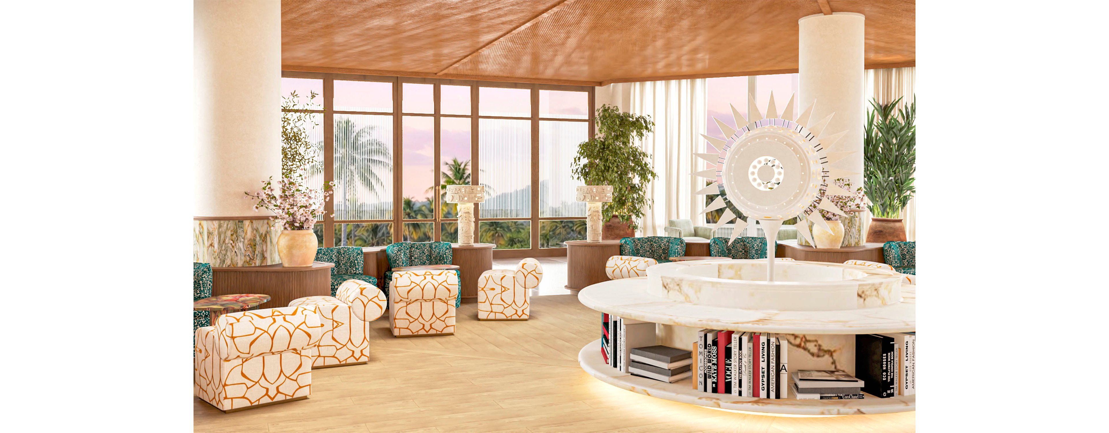 Contemporary lounge interior features a circular white table with a decorative sun-shaped sculpture as the focal point. Large floor-to-ceiling windows reveal palm trees and a pastel sunset sky outside. Patterned armchairs, green upholstered seating, and lush indoor plants create a relaxed, tropical atmosphere. Books arranged on the lower shelf of the central table add a stylish, library-inspired touch to the space.