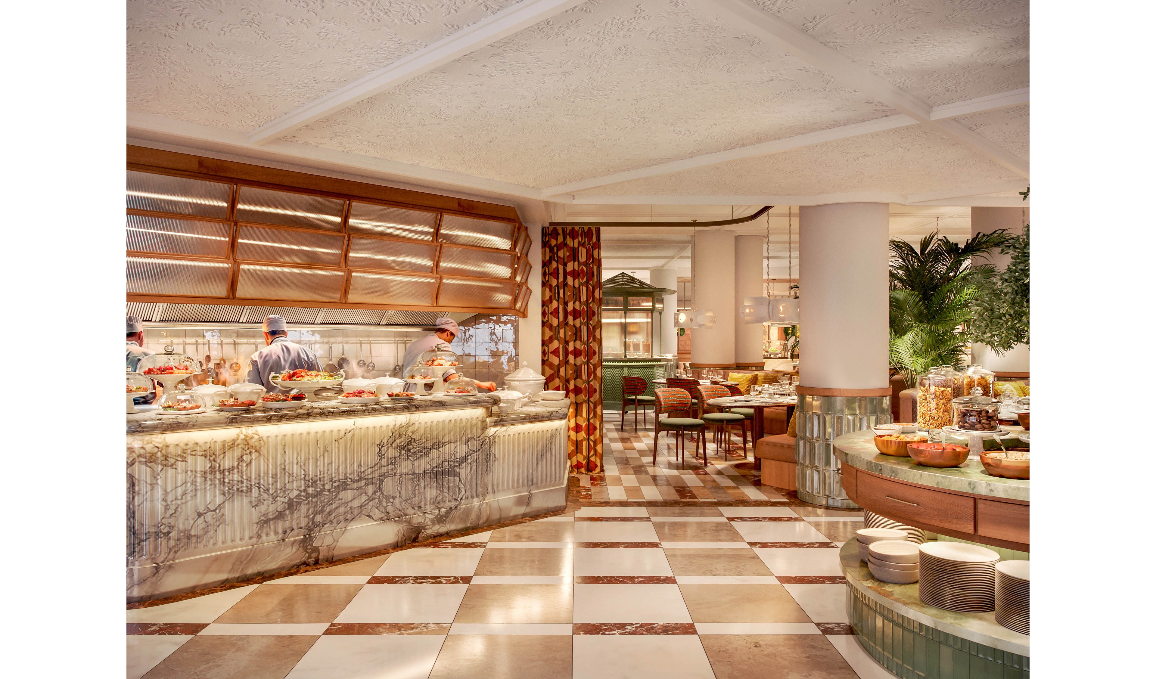 A stylish buffet restaurant features an elegant marble counter filled with assorted dishes and ingredients. Chefs work behind the counter preparing food in an open kitchen setting. The space is warmly lit with modern fixtures, patterned floor tiles, and comfortable seating areas. Decorative plants and textured surfaces create a sophisticated yet inviting dining atmosphere.