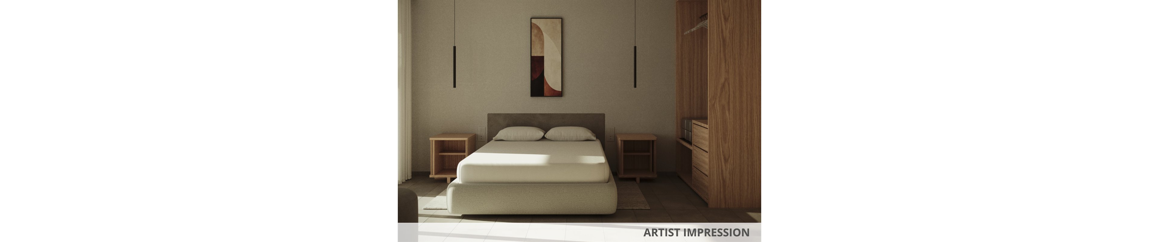 A minimalist bedroom features a low-profile bed with a simple headboard and two matching wooden nightstands. A tall wooden wardrobe with open shelving and drawers stands to the right of the bed. Two slim pendant lights hang symmetrically from the ceiling, framing an abstract vertical artwork above the headboard. Soft natural light enters from the left, casting warm shadows across the tiled floor and emphasizing the neutral color palette.