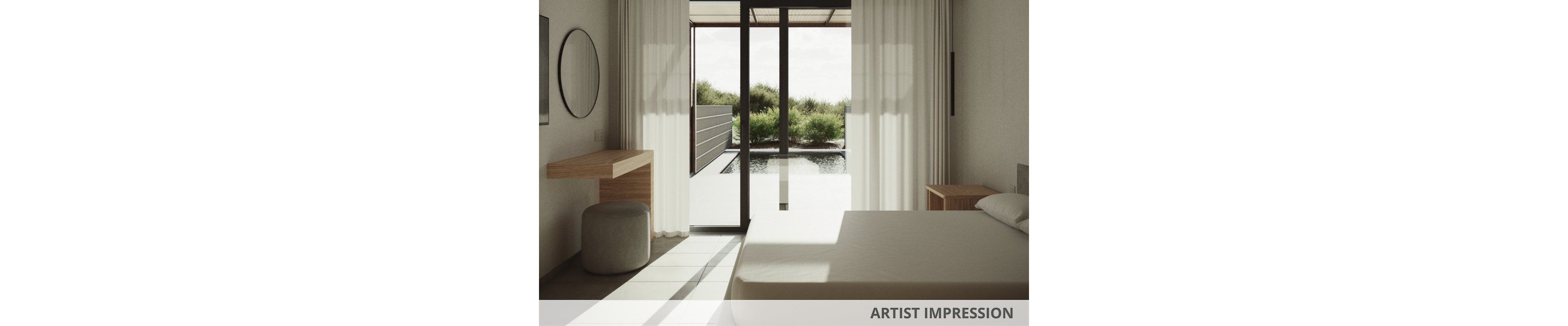 A modern minimalist bedroom features a neatly made bed facing large floor-to-ceiling glass doors. Sheer white curtains filter natural light, opening to a terrace with greenery and a small water feature outside. A simple wooden desk with a round mirror and upholstered stool sits to the left, while a small bedside table stands on the right. The neutral color palette and clean lines create a calm, serene atmosphere ideal for relaxation.