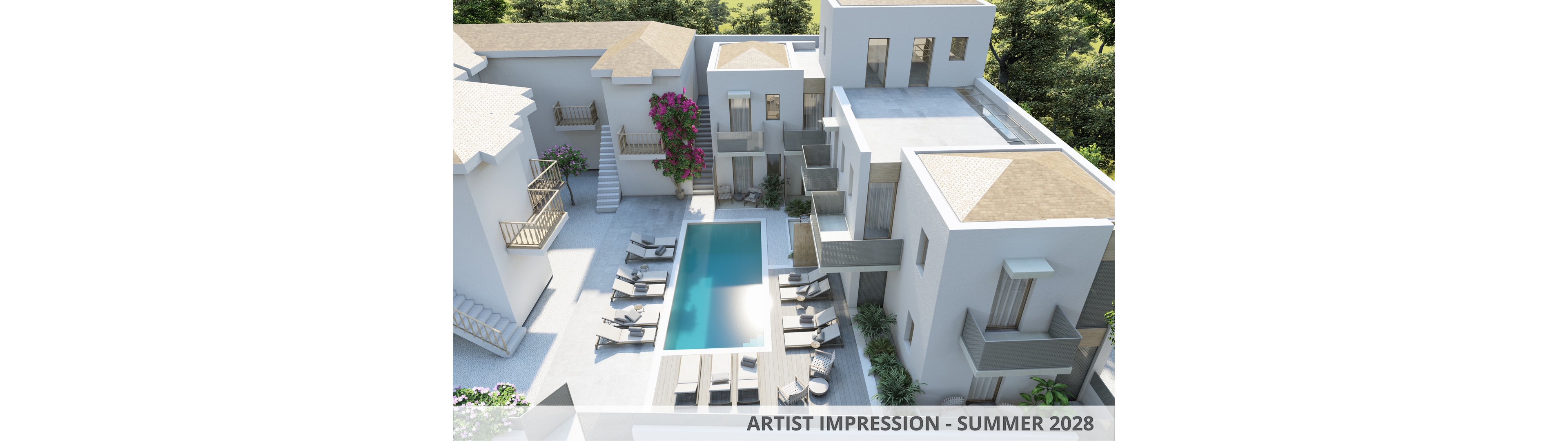 A contemporary white villa complex is arranged around a central rectangular swimming pool. Sun loungers and outdoor seating line the poolside, creating a relaxed resort atmosphere. Multiple levels, balconies, and staircases connect the surrounding buildings, with greenery and flowering plants adding color to the scene. The bright daylight and clean architectural lines emphasize a minimalist, Mediterranean-inspired style.