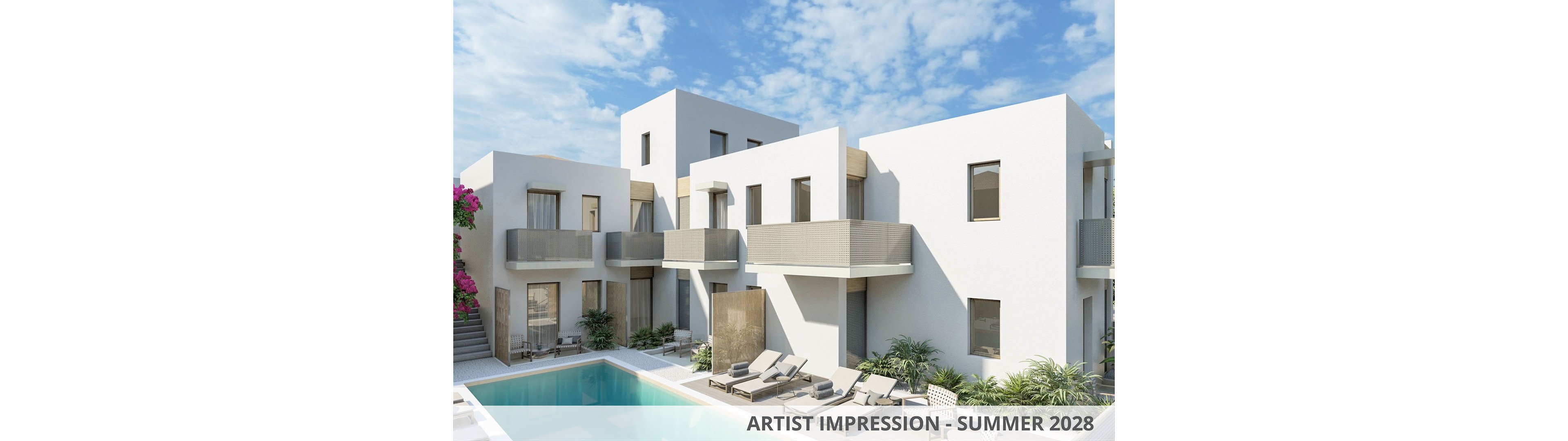 Contemporary white apartment buildings surround a clear turquoise swimming pool in an outdoor courtyard. Sun loungers and umbrellas are arranged neatly around the pool, suggesting a relaxing vacation or residential setting. Minimalist balconies, large windows, and clean architectural lines create a modern Mediterranean feel. Lush greenery and flowering plants add color and softness to the bright, sunny scene under a blue sky with scattered clouds.