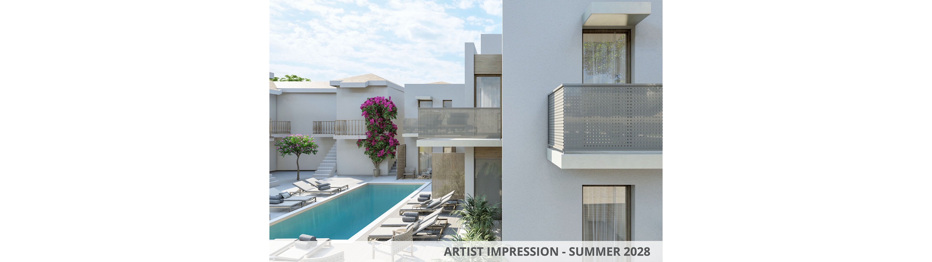 Contemporary white buildings surround a narrow outdoor swimming pool lined with sun loungers and umbrellas. The architecture features clean lines, glass doors, and perforated metal balcony railings. A vibrant flowering bougainvillea adds a pop of color against the neutral facade, while potted plants soften the edges of the terrace. The scene suggests a calm, sunny resort environment designed for relaxation and leisure.