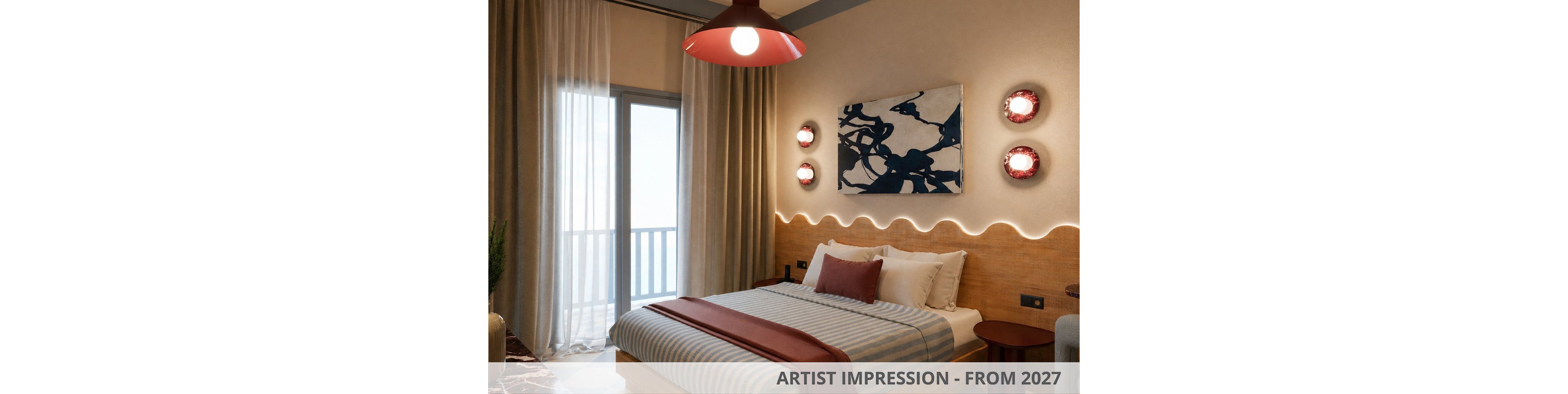 Contemporary bedroom interior with a neatly made double bed, pillows, and a striped duvet. The room features a balcony with glass doors, long curtains, and warm wooden accents. Wall-mounted circular lights and abstract artwork add a stylish touch, complemented by a red ceiling lamp. Text at the bottom reads "ARTIST IMPRESSION - FROM 2027," indicating a future design concept.