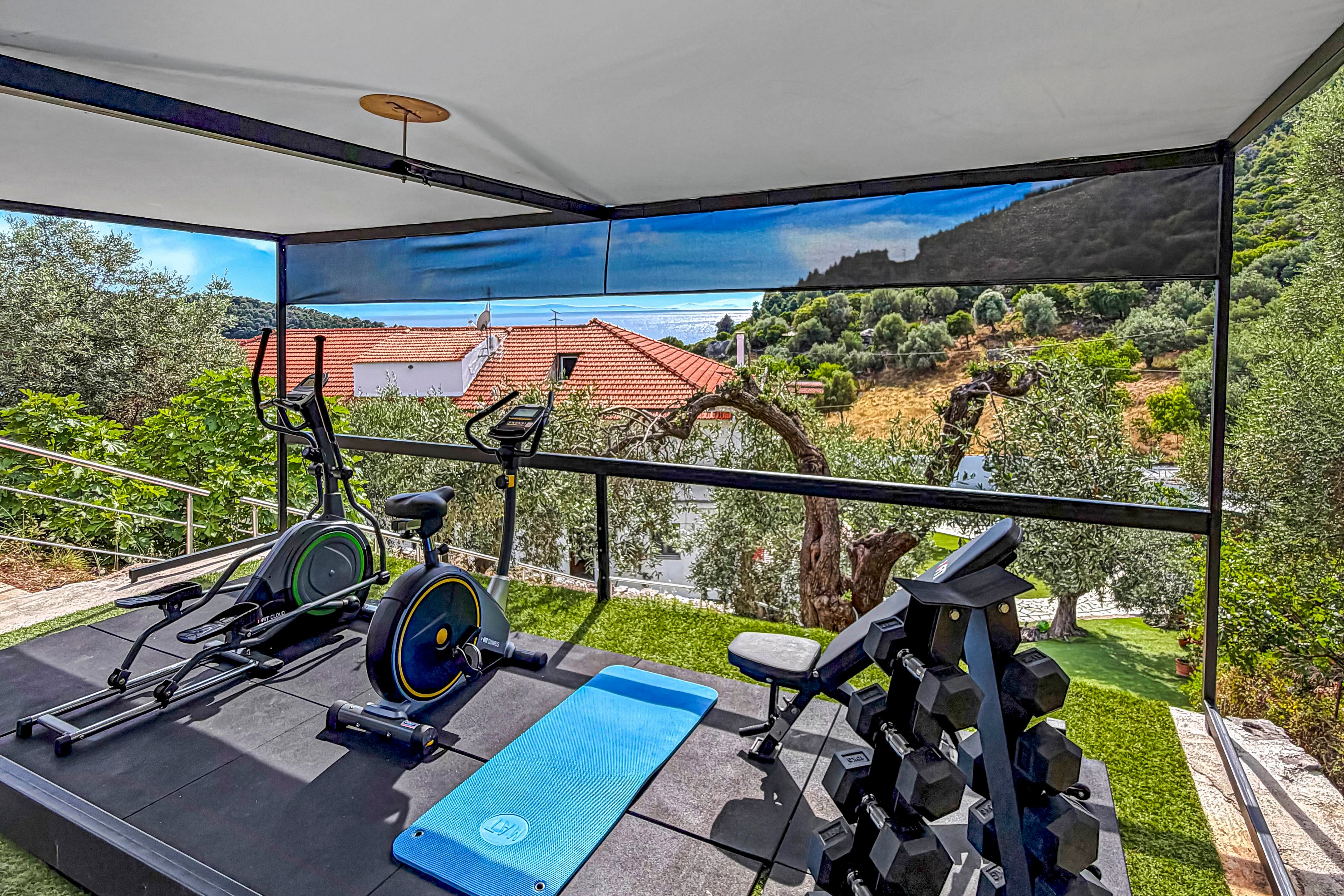 An outdoor home gym setup features an elliptical trainer, stationary bike, and a rack of dumbbells on a raised platform. A blue exercise mat is laid out on artificial grass, ready for a workout session. The gym area is covered by a modern canopy and bordered by a glass railing. In the background, red-roofed houses, trees, and rolling hills create a peaceful rural landscape under a bright sky.