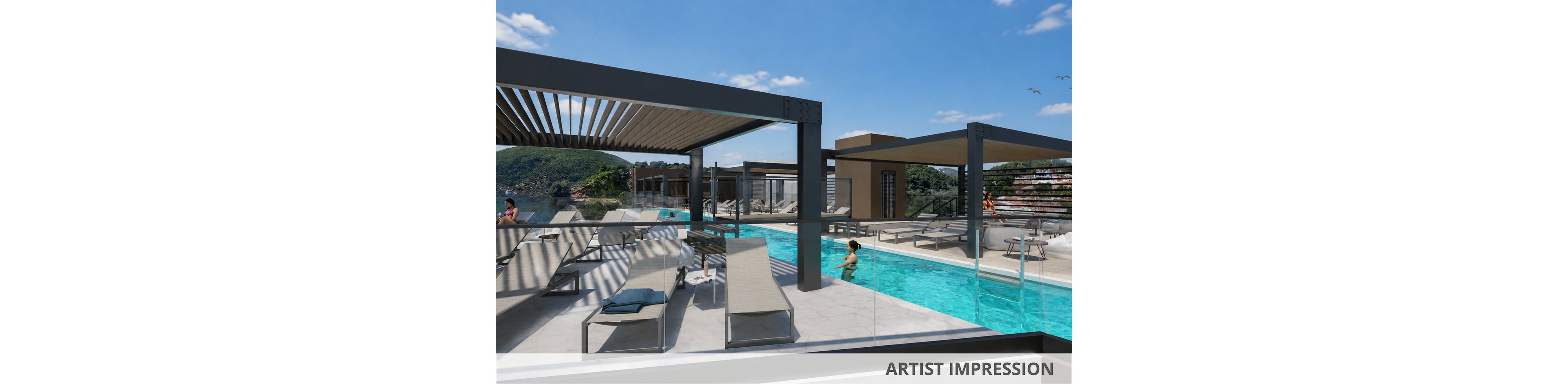 Rendered visualization of a contemporary outdoor pool area with lounge chairs and shaded pergolas. The scene overlooks green hills under a bright blue sky with scattered clouds. Glass railings border the turquoise swimming pool where a person is enjoying the water. The text "ARTIST IMPRESSION" appears along the bottom edge, indicating a conceptual architectural rendering.