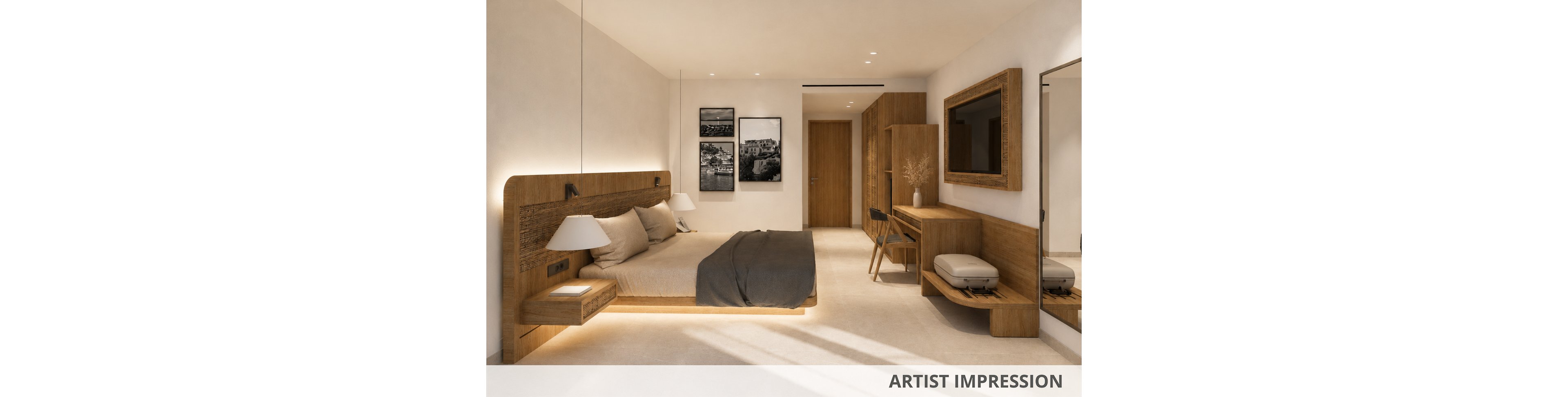 Rendered interior view of a contemporary hotel-style bedroom with a large bed centered against a wooden headboard wall. The room features warm wood furniture, including bedside tables, a desk with chair, and a console with a suitcase placed on it. Soft neutral tones, recessed lighting, and simple wall art create a calm, minimalist atmosphere. A large mirror and decorative vase with dried branches add visual interest and depth to the space. The text "ARTIST IMPRESSION" appears along the bottom edge of the image.