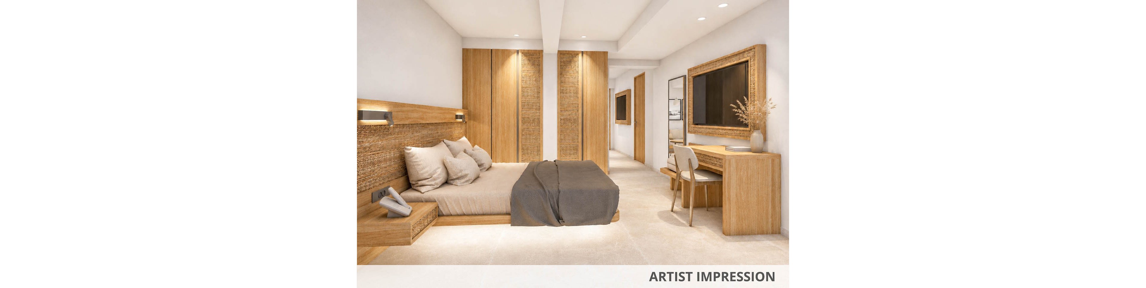 A contemporary bedroom interior is shown in a neutral color palette with light wood finishes and soft beige tones. The room features a double bed with multiple pillows, built-in wooden headboard, and wall-mounted lights. On the right side, a wooden desk with a chair, framed mirror, and decorative vase with dried plants adds to the cozy atmosphere. The perspective view extends toward a hallway with doors, emphasizing the spacious layout. The text "ARTIST IMPRESSION" appears at the bottom of the image.