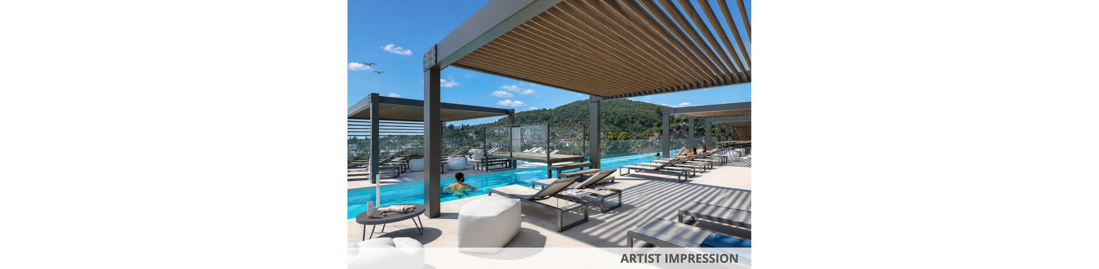 Artist impression of a contemporary rooftop infinity pool overlooking green hills and a town below. The scene features shaded pergolas, multiple sun loungers, and a few people relaxing in and around the water. Glass railings frame the terrace, while bright blue sky and distant birds enhance the open, resort-like atmosphere. The text "ARTIST IMPRESSION" appears along the bottom edge of the image.