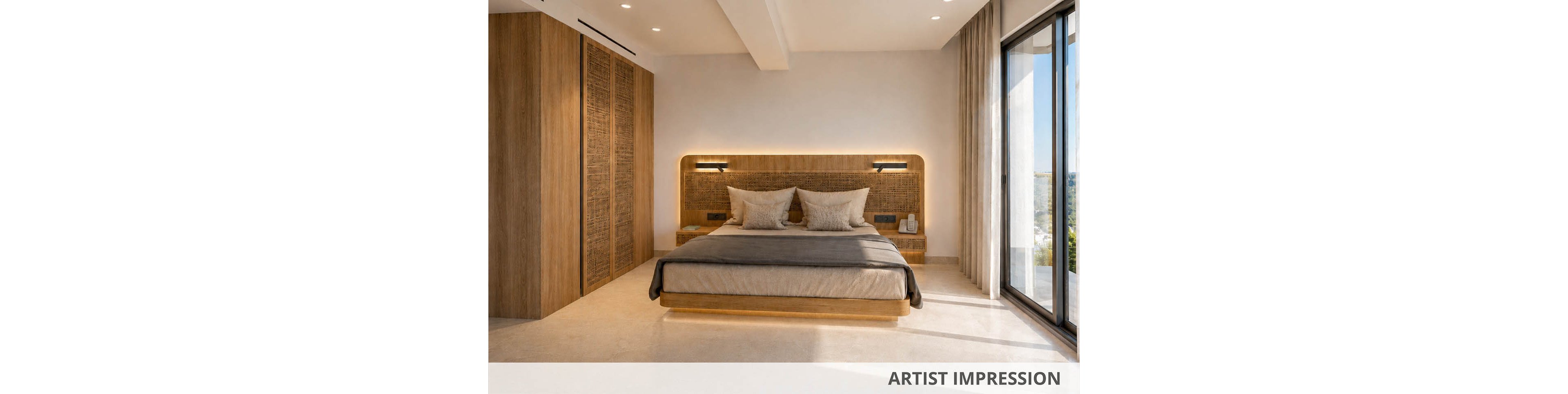 Artist impression of a contemporary bedroom featuring a large bed with neutral bedding and textured headboard. Warm wood paneling and built-in wardrobe dominate the space, complemented by soft under-bed and headboard lighting. Floor-to-ceiling curtains frame expansive glass doors that open to an outdoor view, enhancing the airy, minimalist feel. The text 'ARTIST IMPRESSION' appears at the bottom right of the image.
