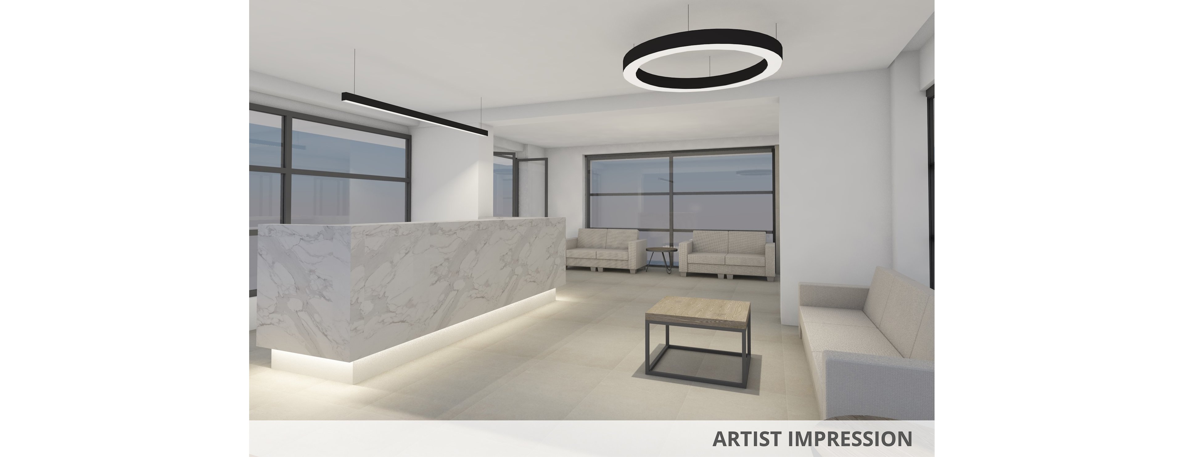 A contemporary lobby interior is shown with a long marble reception desk and neutral-toned sofas. Large floor-to-ceiling windows line the walls, allowing natural light to fill the space. Minimalist pendant and circular ceiling lights provide additional illumination, highlighting the clean lines and simple furnishings. The text "ARTIST IMPRESSION" appears at the bottom, indicating a conceptual visualization of the design.