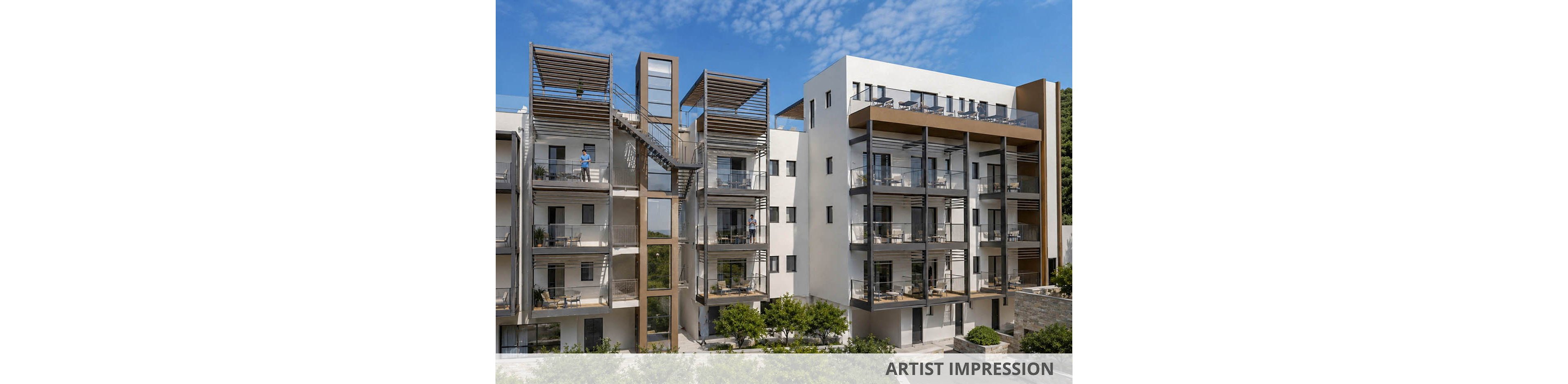 Architectural rendering of a contemporary multi-story apartment complex with balconies and large windows. The building features metal staircases, shaded terrace structures, and landscaped greenery at ground level. A clear blue sky forms the backdrop, emphasizing the clean lines and modern design. The words "ARTIST IMPRESSION" appear in the lower right corner, indicating a conceptual visualization.
