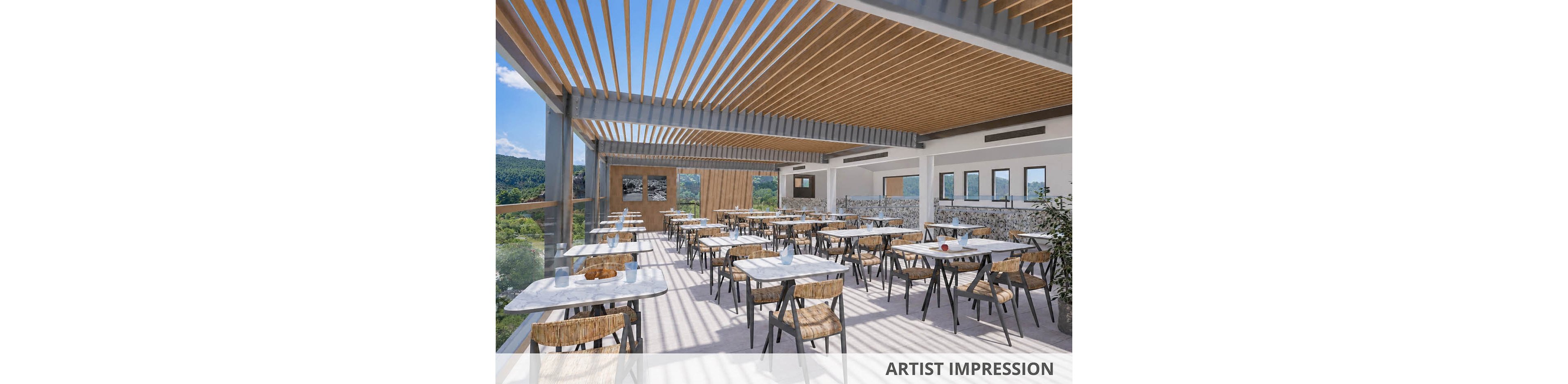 Architectural rendering of a modern open-air restaurant terrace with rows of tables and wooden chairs. A slatted wooden pergola roof casts linear shadows across the bright, spacious dining area. Large windows and railings open to lush green landscape views, enhancing the airy atmosphere. The text "ARTIST IMPRESSION" appears at the bottom right, indicating a conceptual visualization.