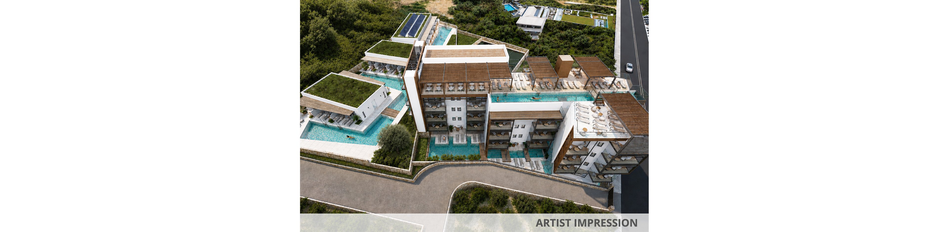 Architectural rendering of a contemporary multi-level resort complex featuring several rooftop and terrace swimming pools. The buildings are surrounded by lush greenery and landscaped paths, with a road running alongside the property. Sun loungers and shaded seating areas line the pool decks, emphasizing leisure and relaxation. The text "ARTIST IMPRESSION" appears at the bottom, indicating this is a conceptual visualization.