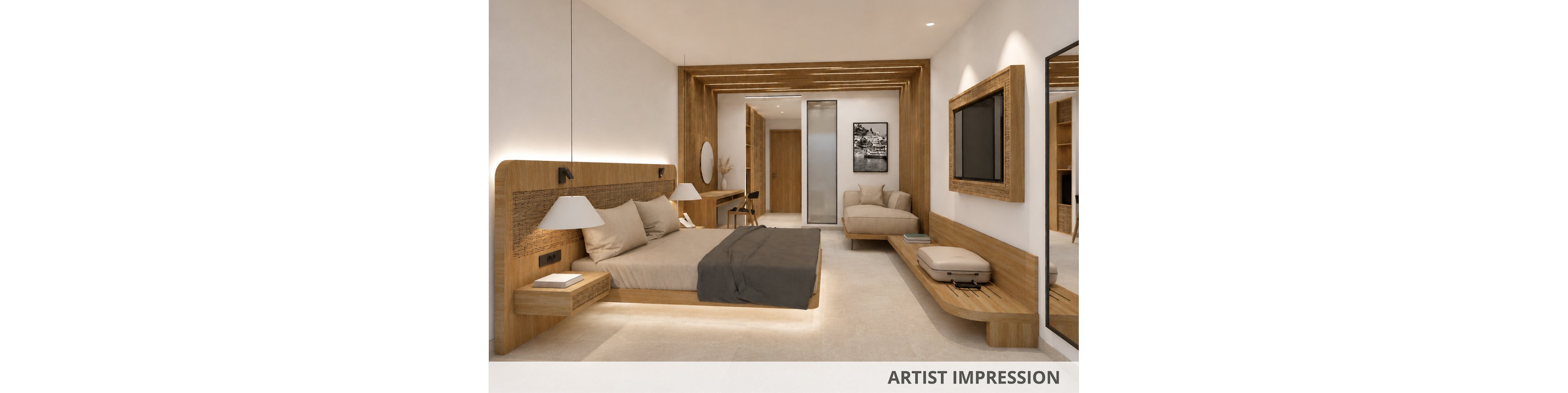 Contemporary bedroom interior featuring a large bed with wooden headboard and neutral bedding. The room includes built-in wooden furniture, a wall-mounted television, and a desk area in the background. A sofa seating area and luggage placed on a wooden bench enhance the hotel-like setting. Soft, warm lighting and beige tones create a calm, minimalist atmosphere. The text "ARTIST IMPRESSION" appears at the bottom of the image.
