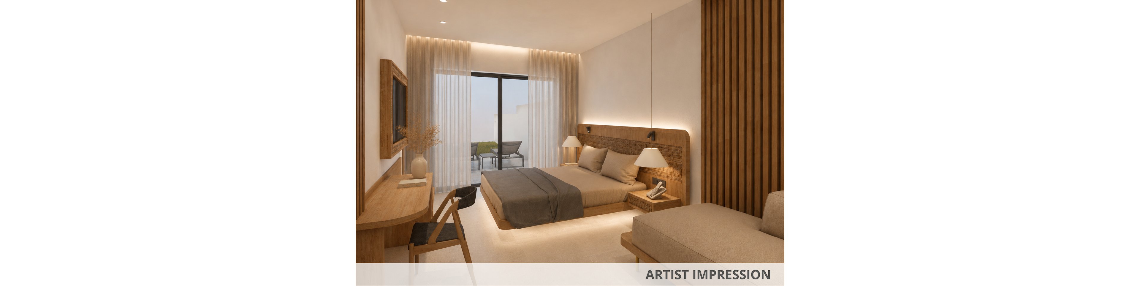 Rendered interior view of a contemporary hotel-style bedroom featuring a large bed with gray bedding and wooden headboard. The room includes a wooden desk, side tables with lamps, and a lounge daybed, all in matching light wood finishes. Floor-to-ceiling sheer curtains cover a glass door leading to an outdoor balcony area. Soft, warm lighting and minimalist decor create a calm, inviting atmosphere. The text "ARTIST IMPRESSION" appears along the bottom edge of the image.