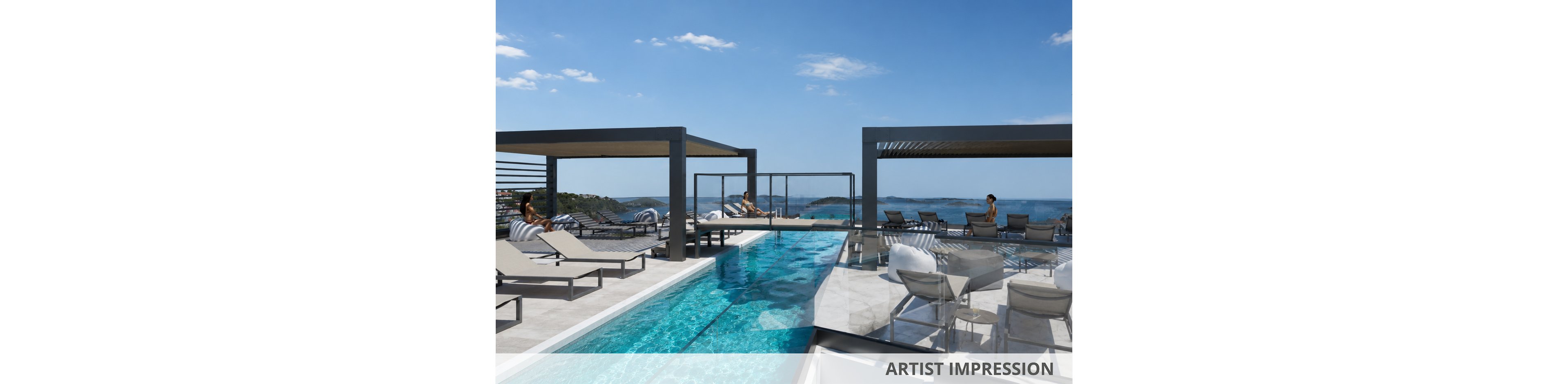 Artist impression of a contemporary rooftop terrace featuring an elongated infinity pool overlooking the ocean. Sun loungers and shaded cabanas line both sides of the pool, with a few people relaxing and enjoying the coastal scenery. The design uses clean architectural lines, neutral tones, and glass railings to emphasize a luxurious, resort-style atmosphere. Clear blue water and a bright sky enhance the tranquil, vacation-like mood.