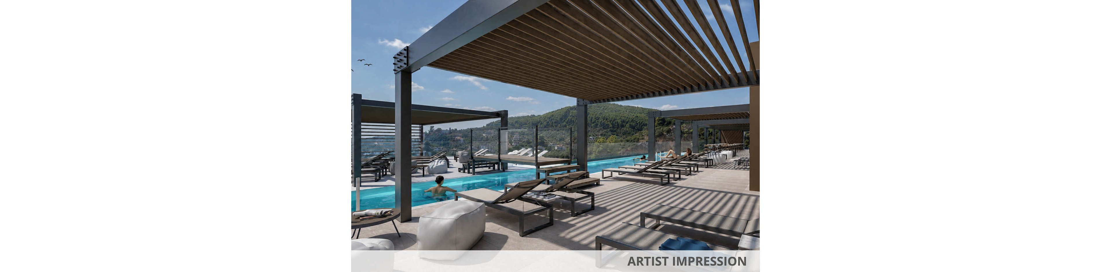 Artist impression of a contemporary outdoor infinity pool on a hillside, featuring sleek pergolas and numerous sun loungers. People relax by the water and swim in the pool, enjoying a resort-style environment. Glass railings frame views of green forested hills under a clear blue sky. The overall scene conveys luxury, leisure, and modern architectural design.