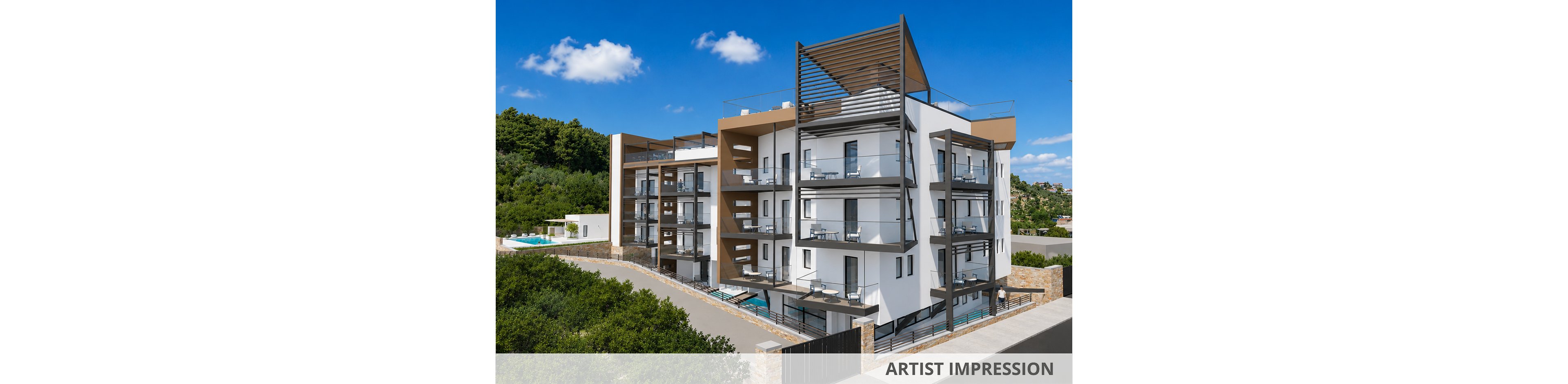 Architectural rendering of a contemporary multi-storey apartment building on a hillside. The structure features clean white facades, large balconies, and dark metal framing with geometric roof elements. Surrounding greenery and distant landscape emphasize the elevated setting and residential environment. A caption at the bottom right clearly reads ARTIST IMPRESSION, indicating this is a visual concept rather than a photograph.